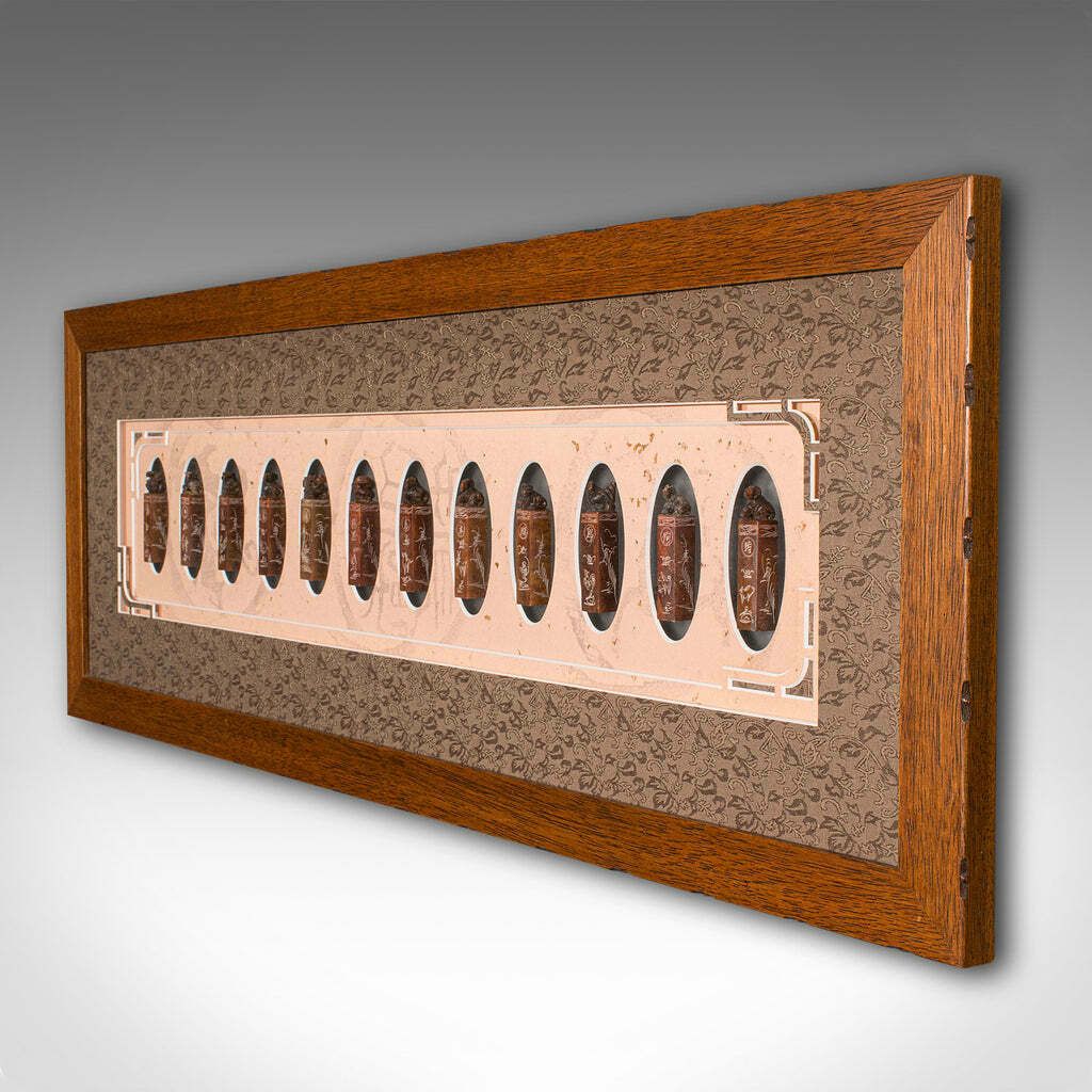 Antique Zodiac Seal Display, Chinese, Soapstone Shengxiao, Oak Frame, Victorian photo for sale