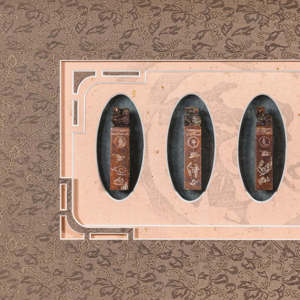 Antique Zodiac Seal Display, Chinese, Soapstone Shengxiao, Oak Frame, Victorian photo Art