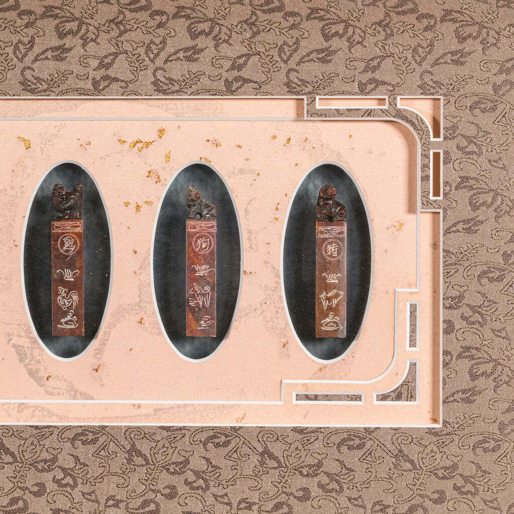 Antique Zodiac Seal Display, Chinese, Soapstone Shengxiao, Oak Frame, Victorian photo vinterior