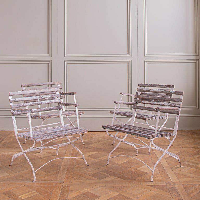 Set Of 4 French Wood Slatted Garden Armchairs With Metal Frame photo vinterior