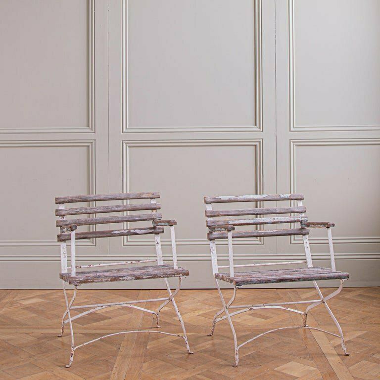 Set Of 4 French Wood Slatted Garden Armchairs With Metal Frame photo vintage