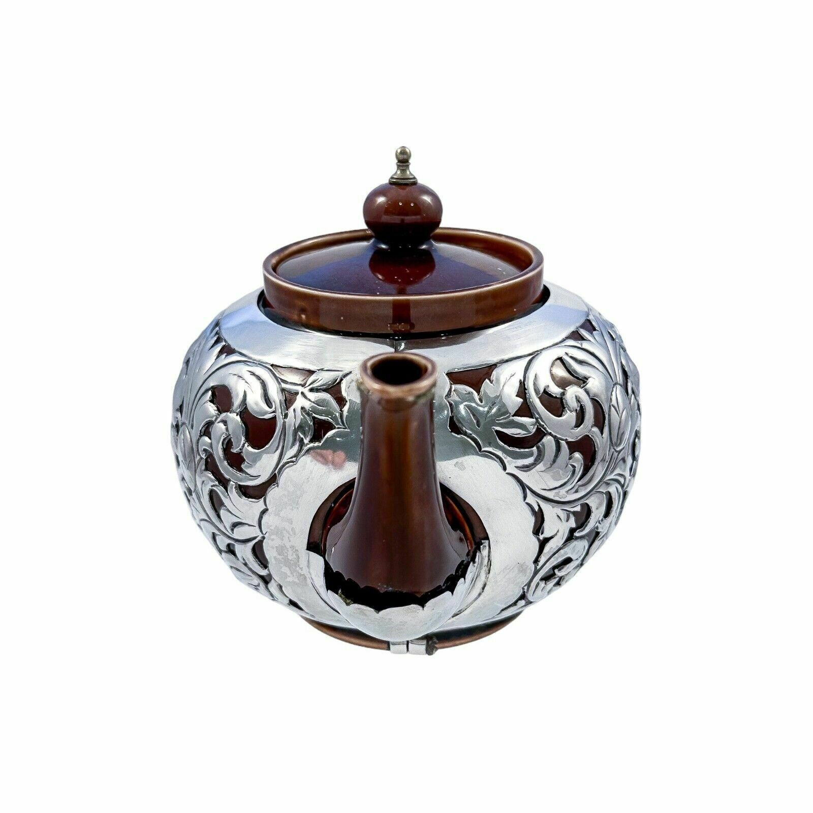 Antique Art Nouveau Lenox Brown Teapot, Stand, Creamer; Sterling Silver Overlay photo for sale
