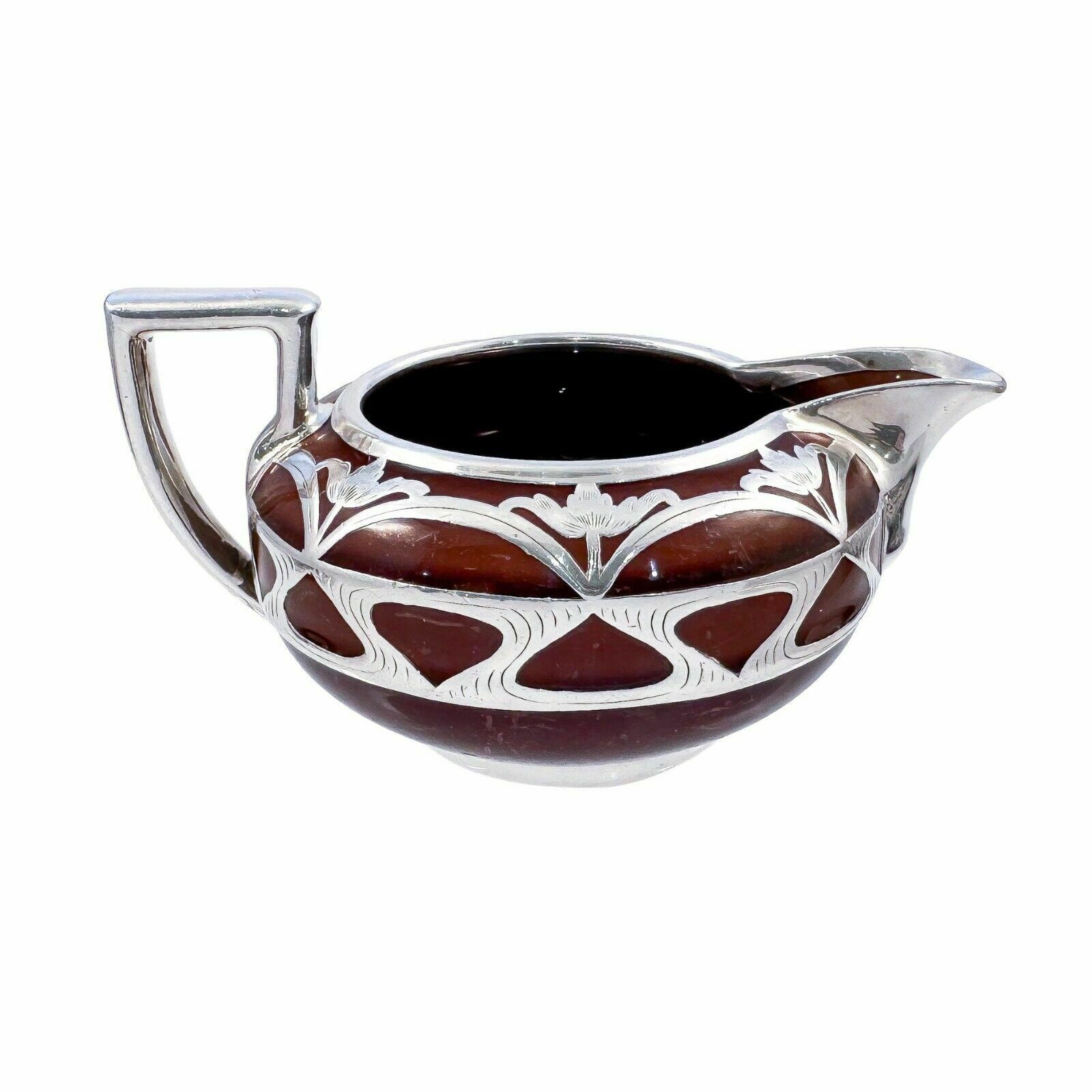 photo vinterior Antique Art Nouveau Lenox Brown Teapot, Stand, Creamer; Sterling Silver Overlay