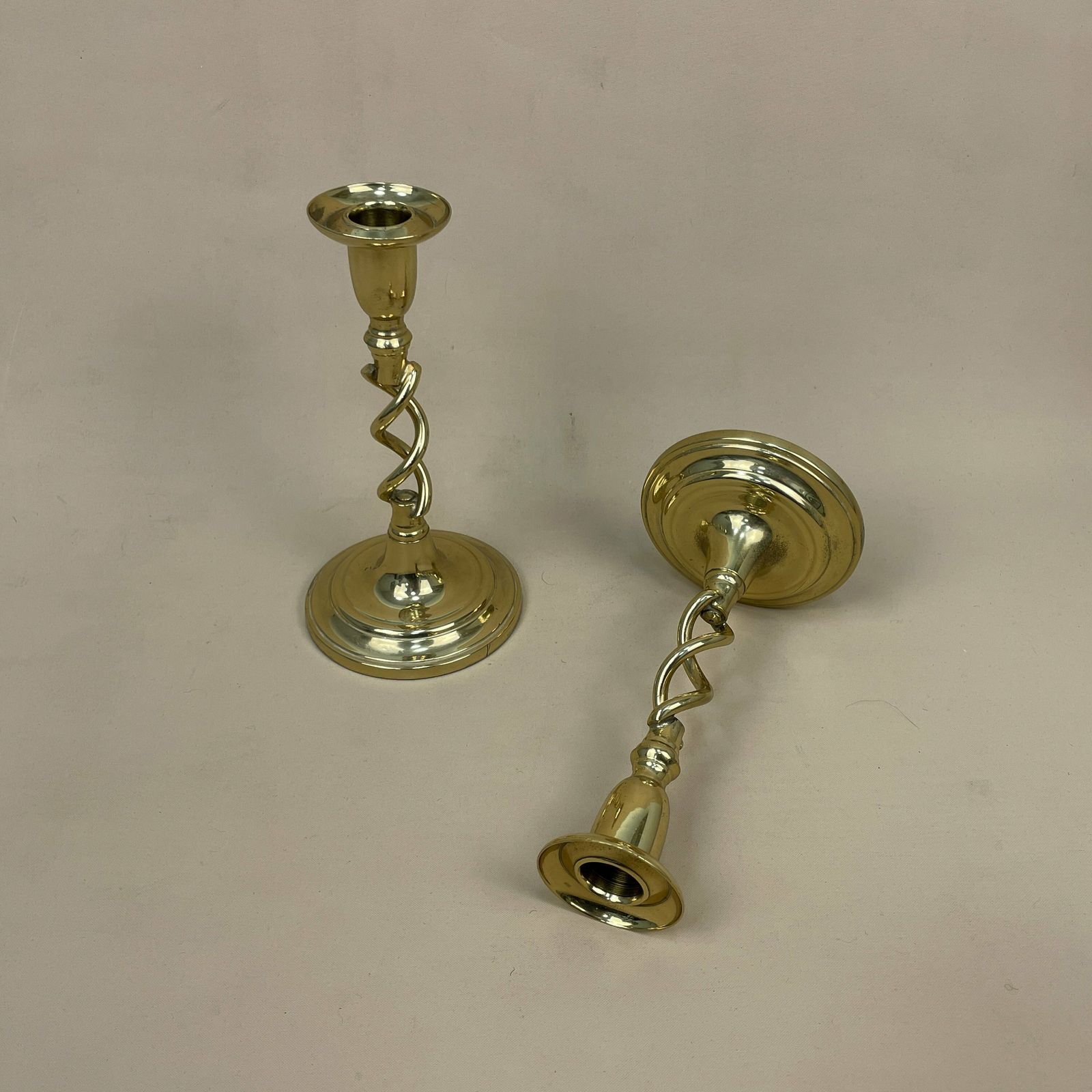 Antique Matching Pair Of Gold Brass Metal Candlestick Candle Stick Vintage Column Taper Dinner Candlesticks Twisted Twist Round Base photo furniture