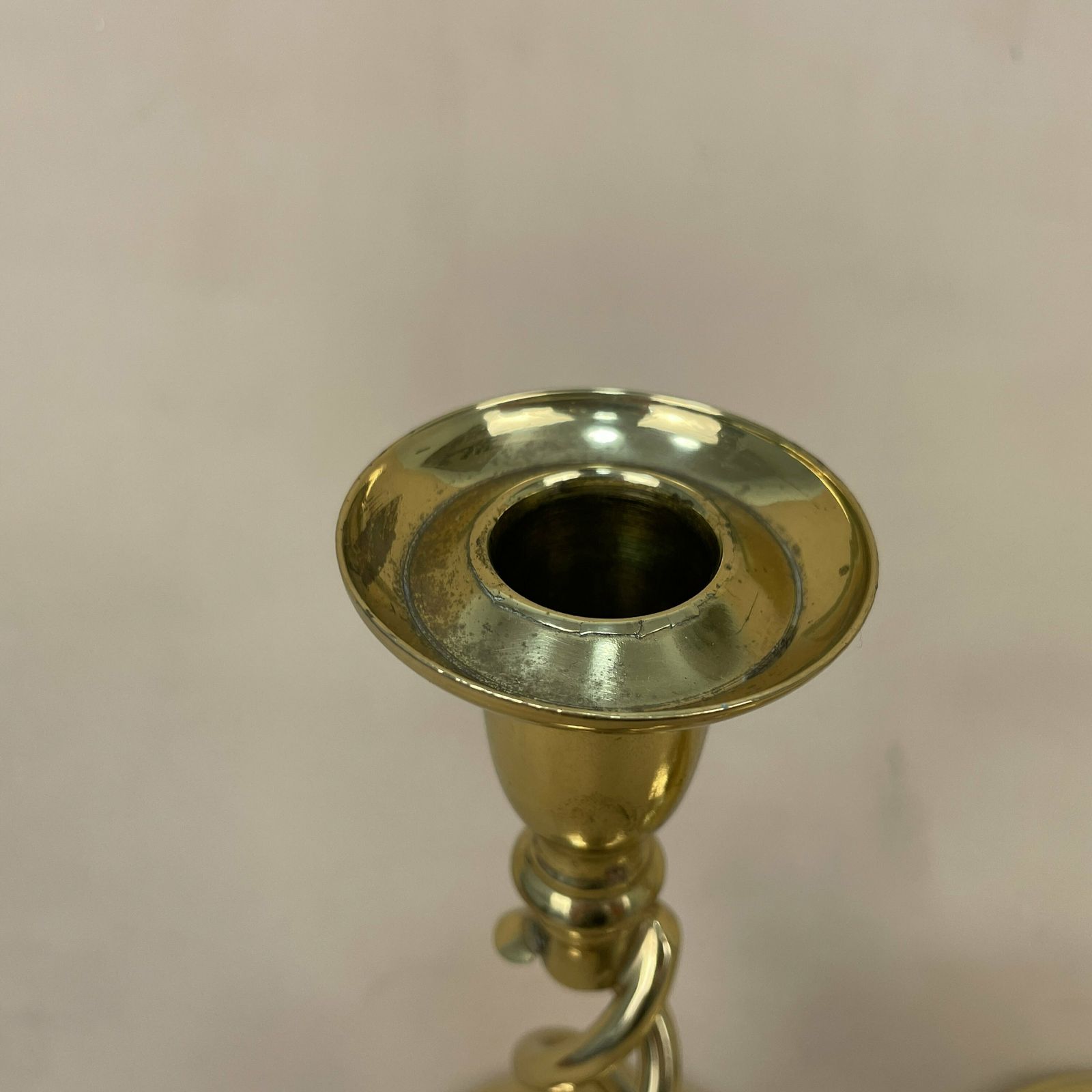 Antique Matching Pair Of Gold Brass Metal Candlestick Candle Stick Vintage Column Taper Dinner Candlesticks Twisted Twist Round Base photo 55.0
