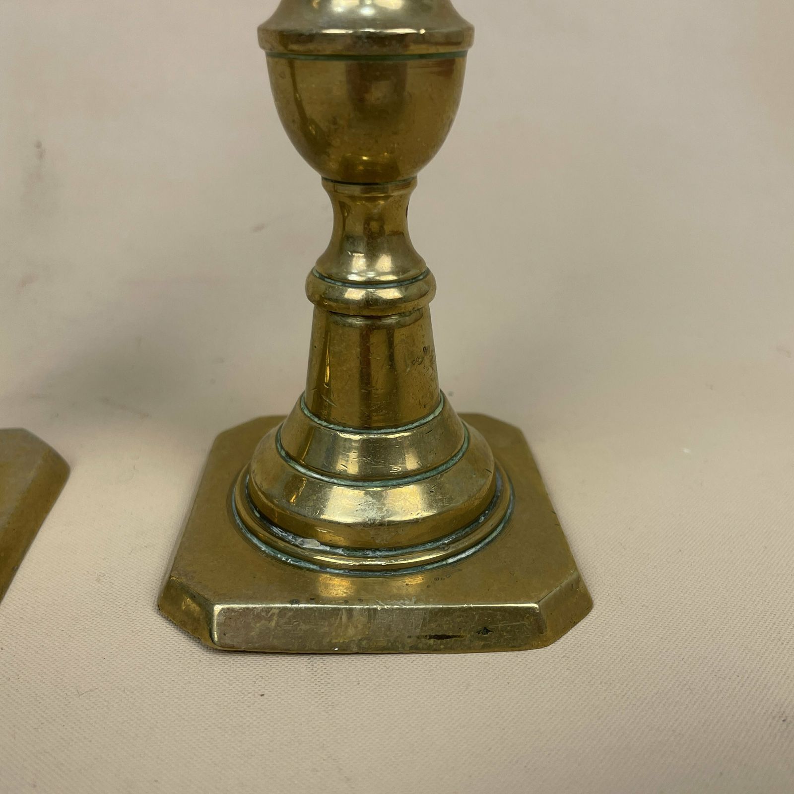 Antique Matching Pair Of Gold Brass Metal Candlestick Candle Stick Vintage Column Taper Dinner Candlesticks Square Base Column photo Home Decor