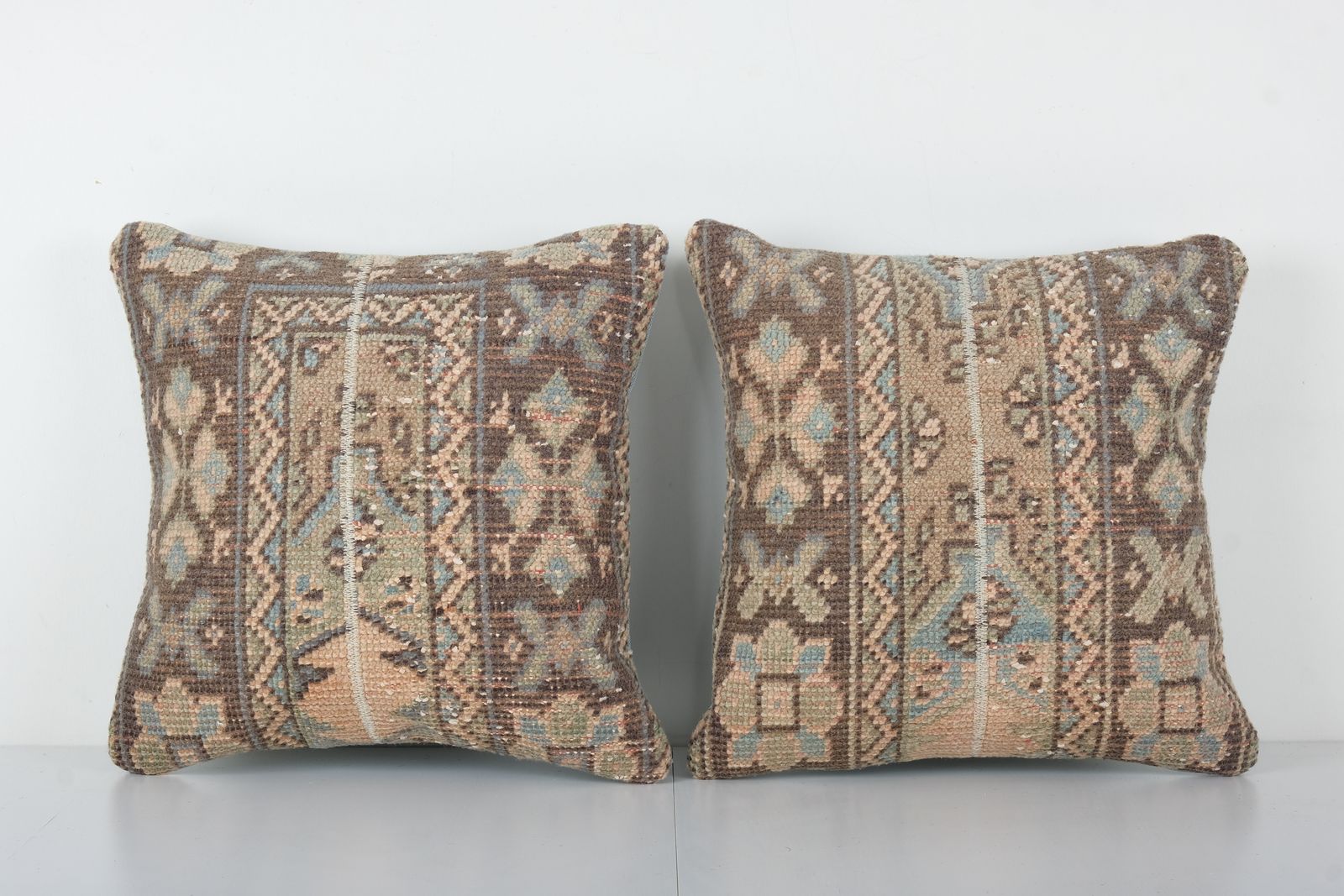 Set Of Two Oushak Carpet Pillow Cover, Pair Anatolian Square Rug Pillow, Vintage Designer Pillow