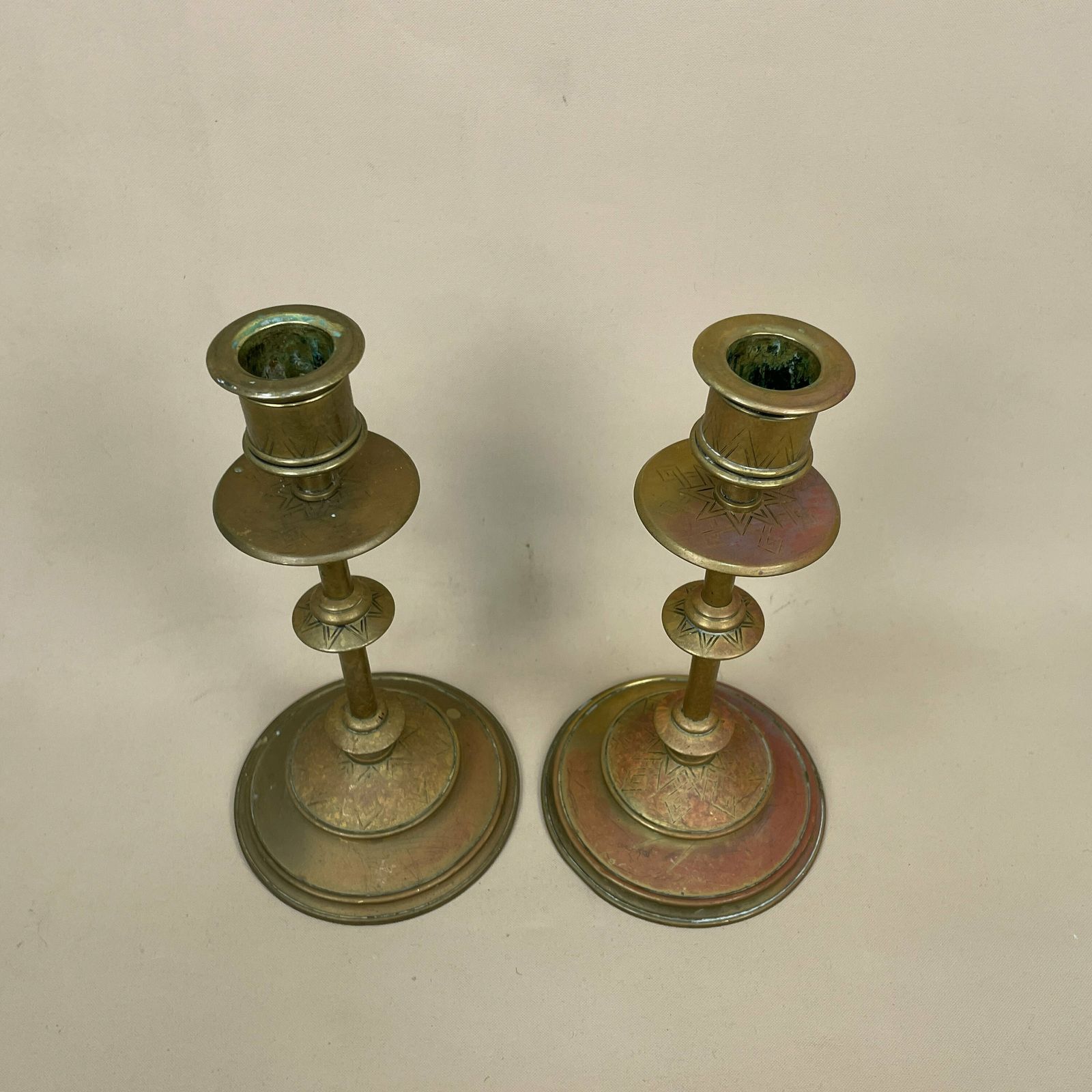 Antique Matching Pair Of Gold Brass Metal Candlestick Candle Stick Vintage Column Taper Dinner Candlesticks Square Base Column photo for sale