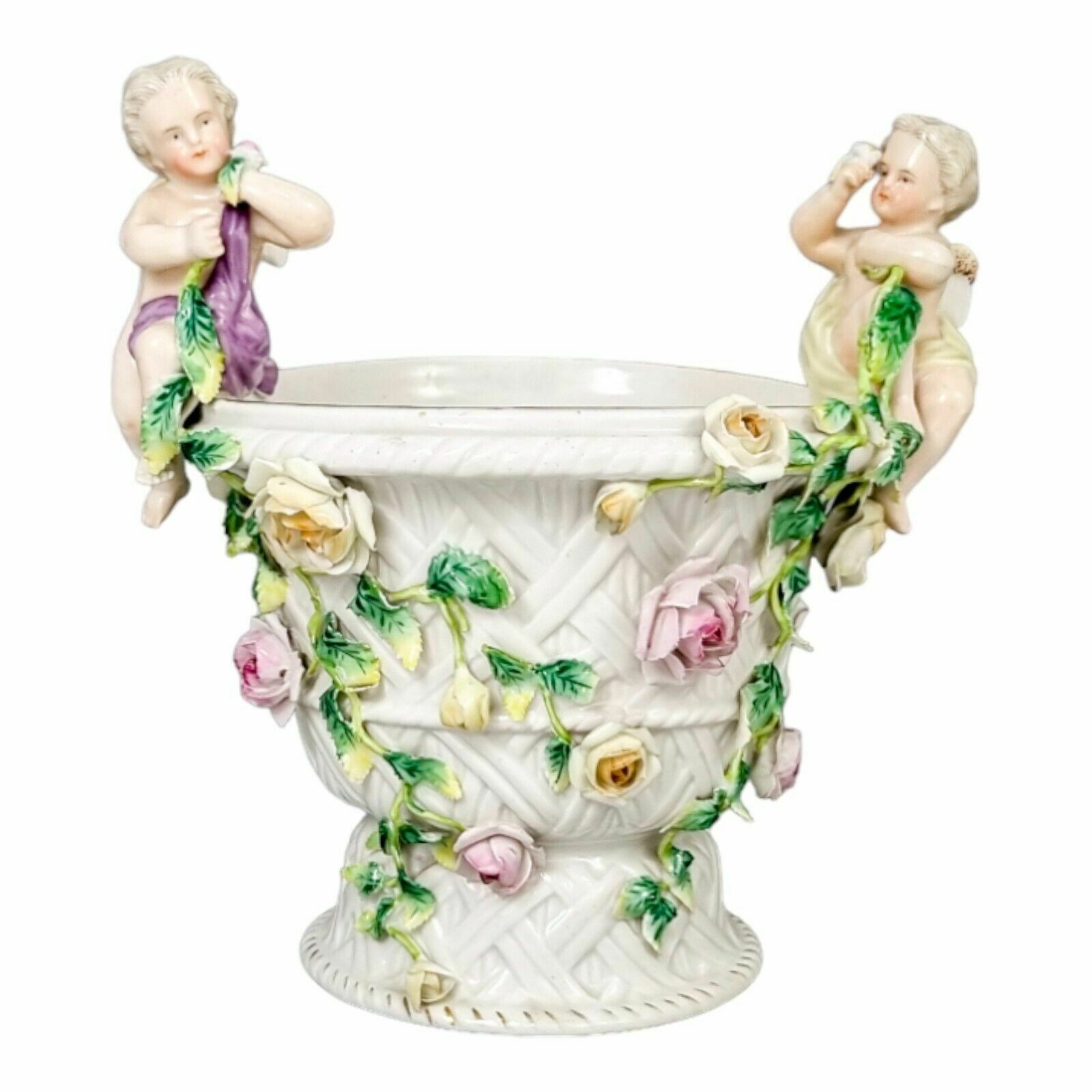 19th Century German Porcelain Basket Weave Vase With Rose Garlands And Cherubs photo furniture