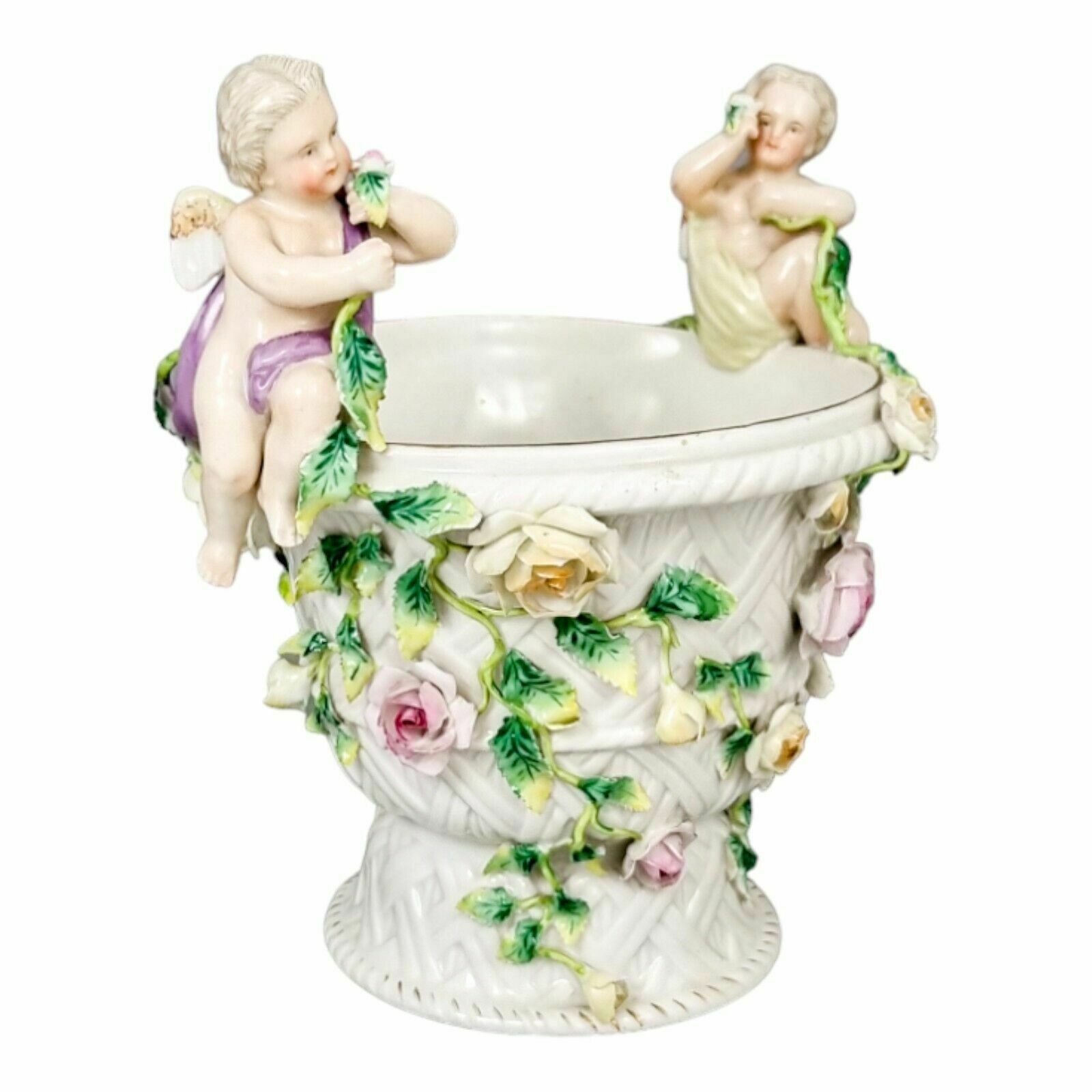 19th Century German Porcelain Basket Weave Vase With Rose Garlands And Cherubs photo for sale