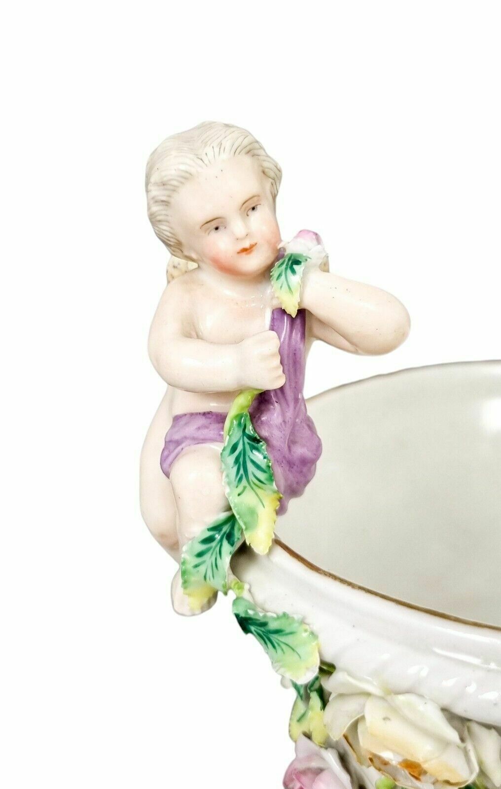 200.0 19th Century German Porcelain Basket Weave Vase With Rose Garlands And Cherubs photo