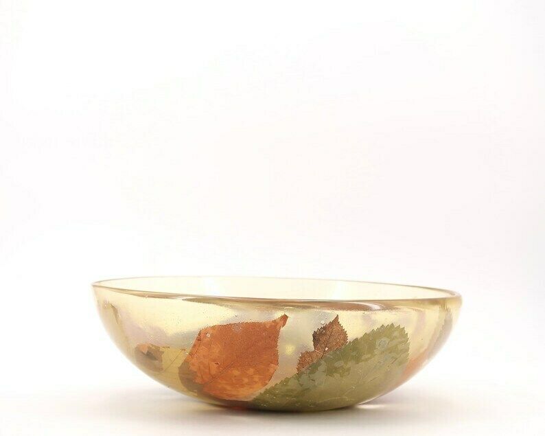 French Resin Centerpiece Or Large Dish Bowl With Tree Leaves, 1970s / Pierre Giraudon Style, Sculpture, Herbarium photo Home Decor