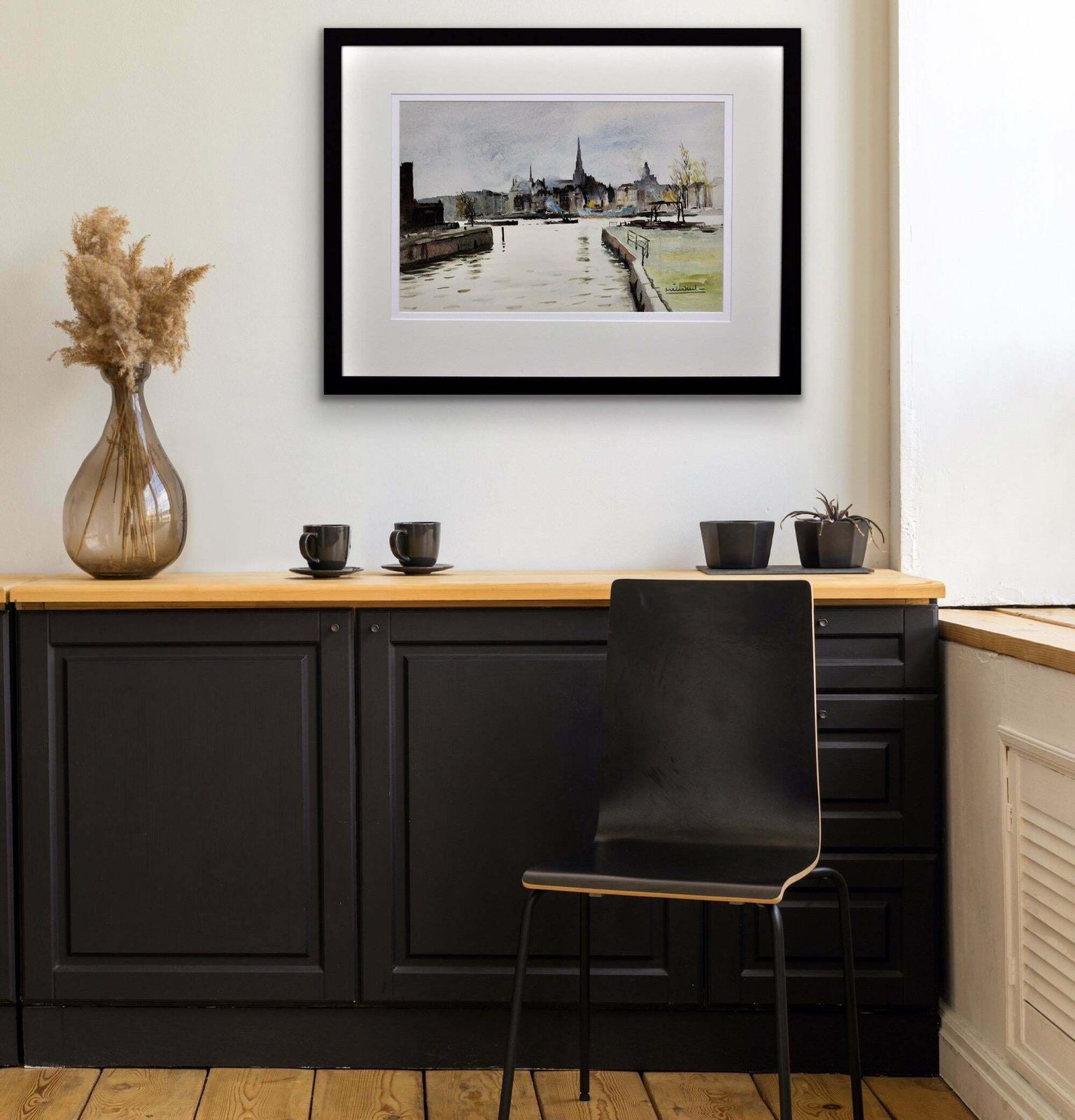 photo vintage Maurice Melissent 1911 To 1988. French Artist. The Maritime District, Rotterdam. The Netherlands. Holland. Framed 1950s Watercolour Painting.