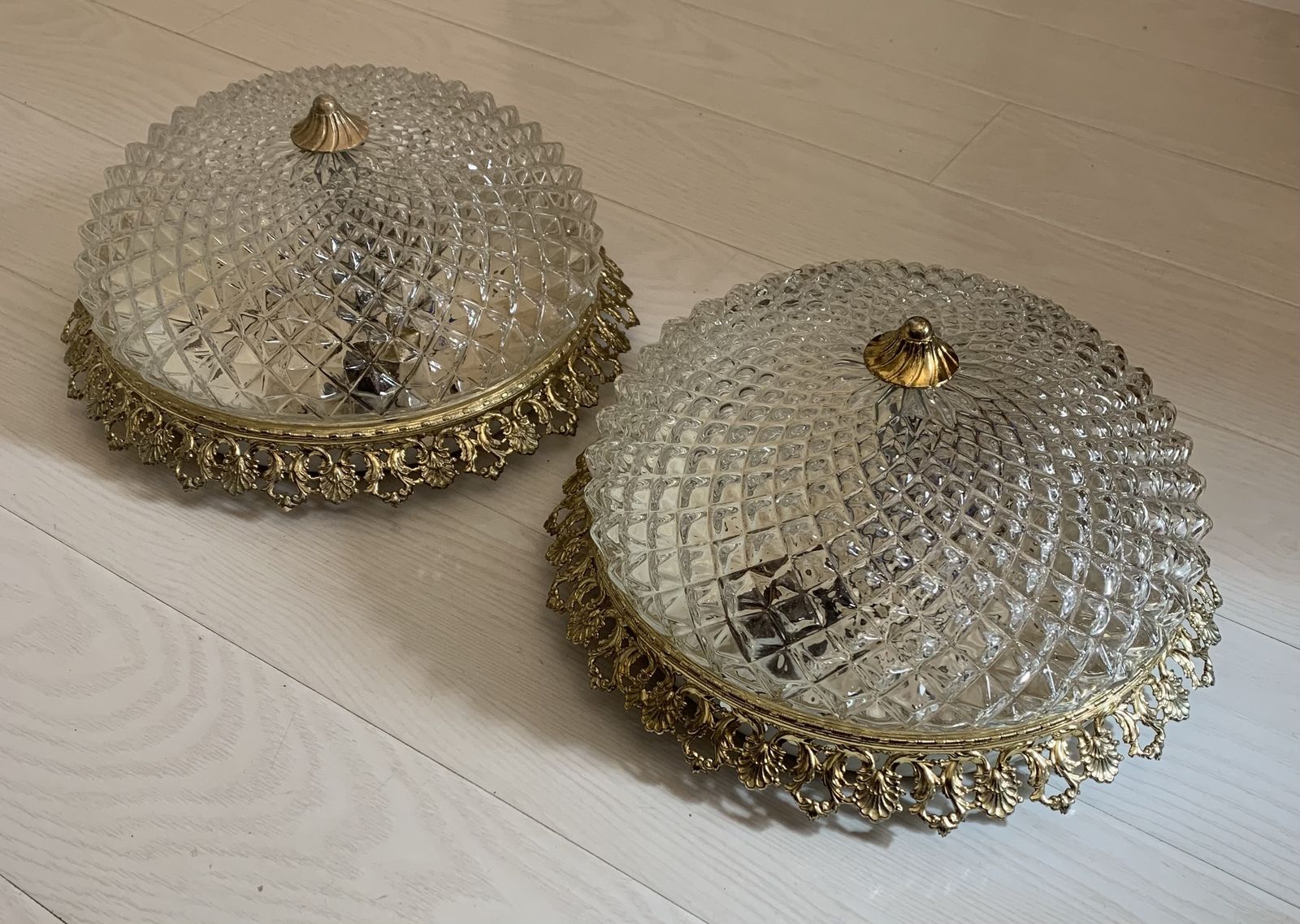 Pair Of 1980s Vintage High Quality Brass And Moulded Glass Ceiling Chandelier Lights photo buy