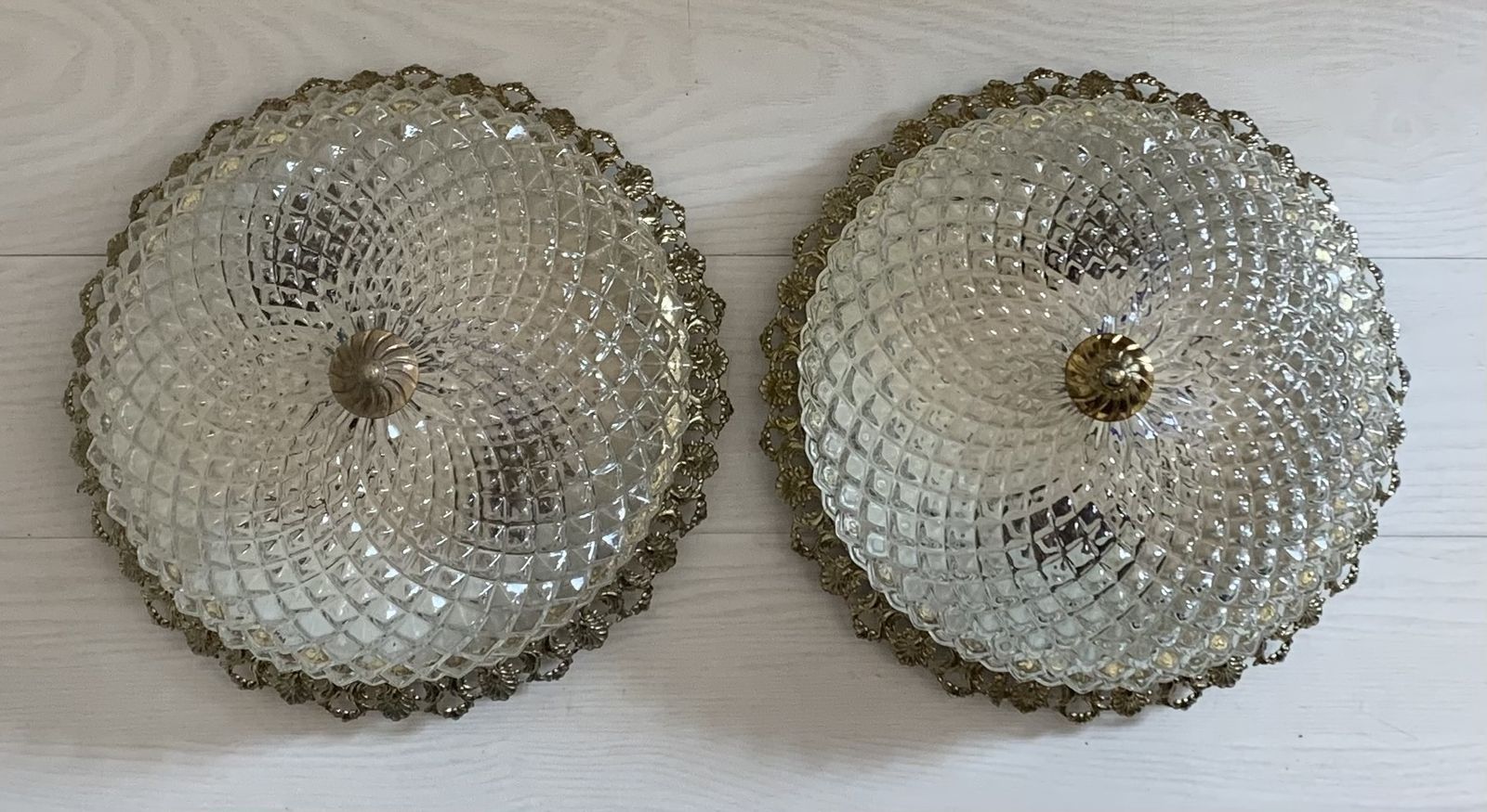 Pair Of 1980s Vintage High Quality Brass And Moulded Glass Ceiling Chandelier Lights photo vintage