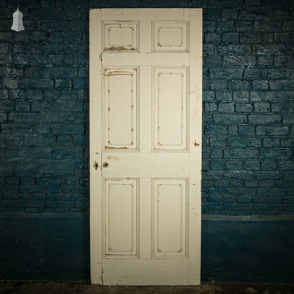 photo for sale Pine Paneled Door, 6 Moulded Panel White Painted Missing Moulding