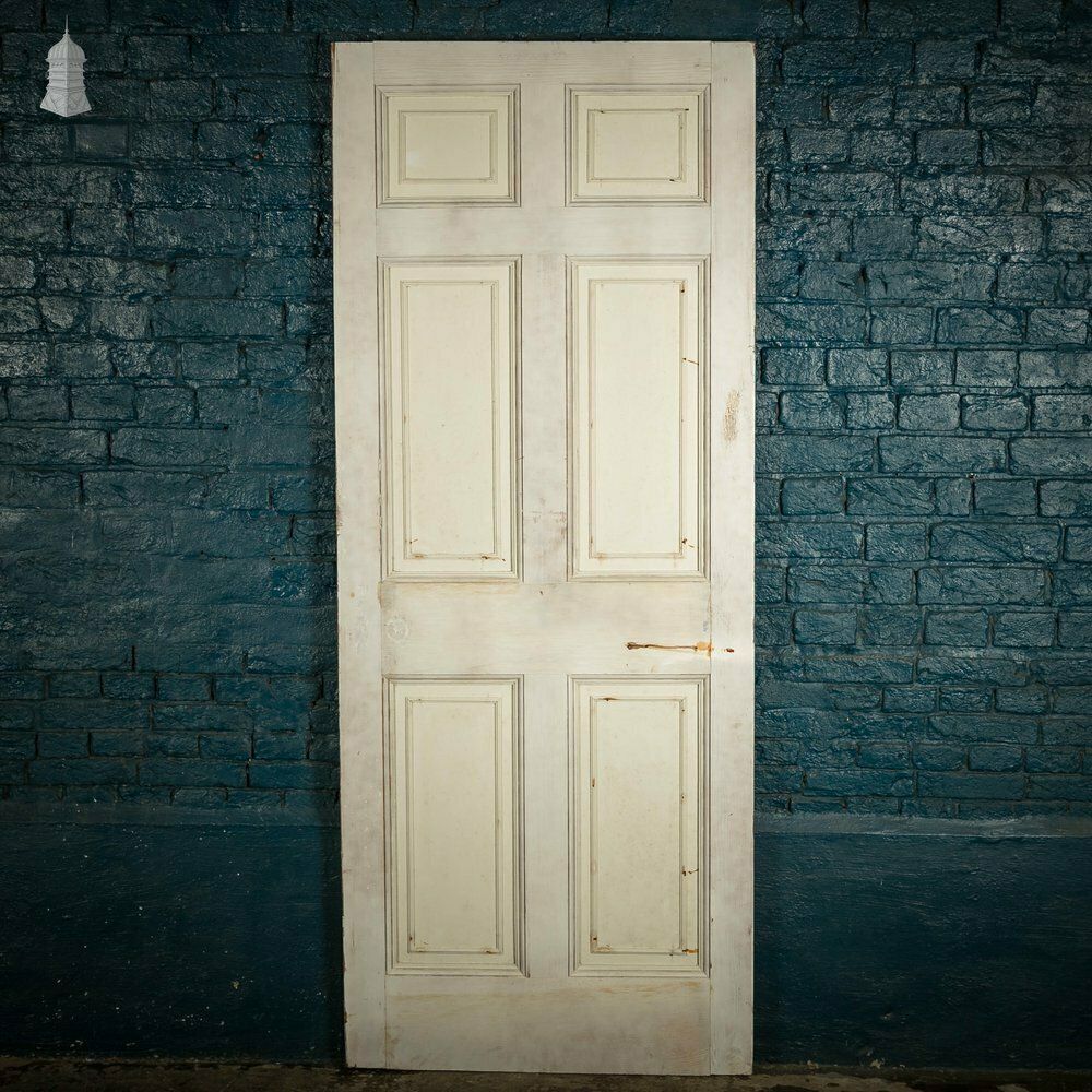 Pine Paneled Door, 6 Moulded Panel White Painted 20th C Missing Moulding