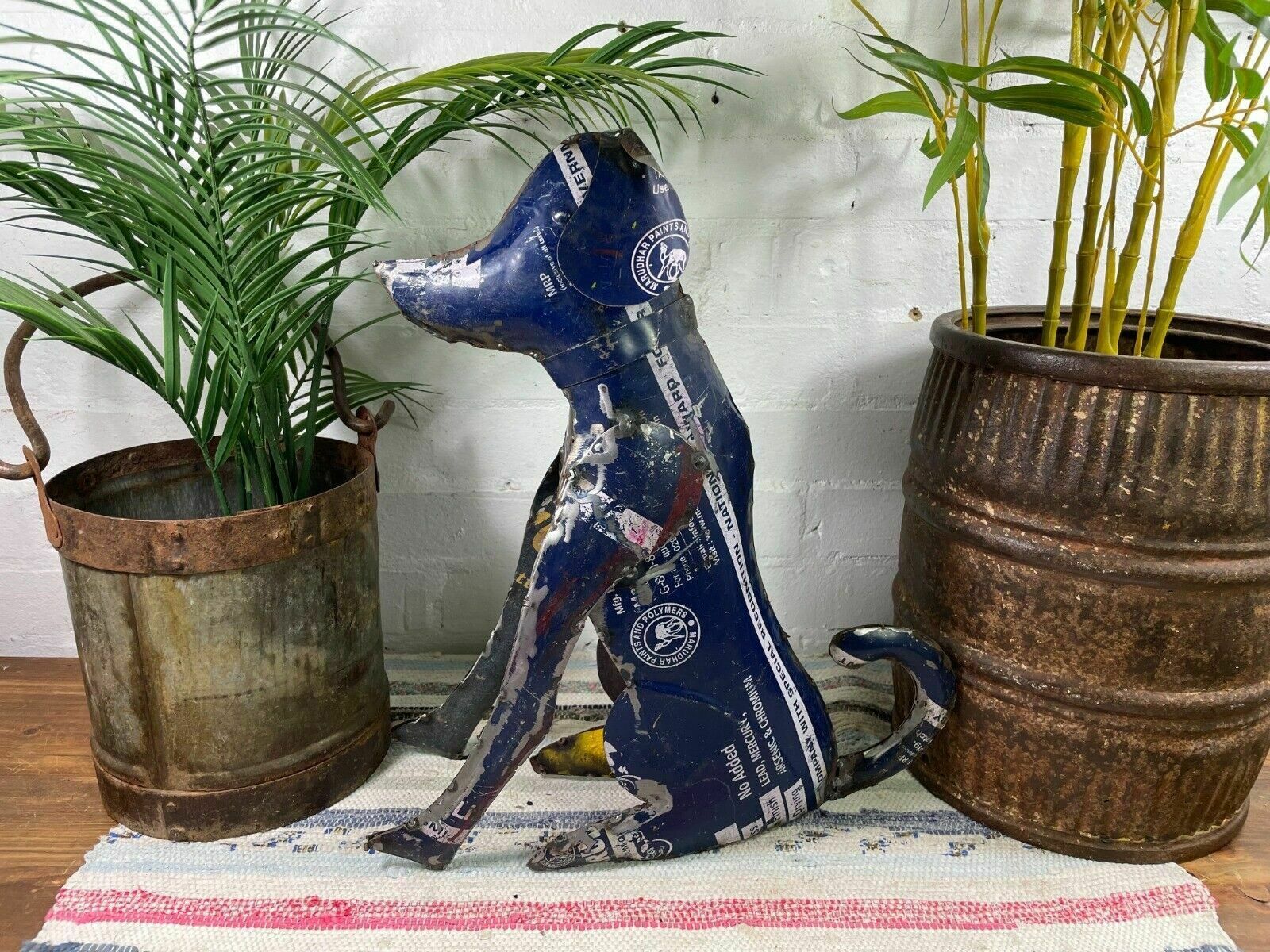 Hand Made Reclaimed Recycled Metal Oil Drum Paint Tin Dog Sculpture Garden