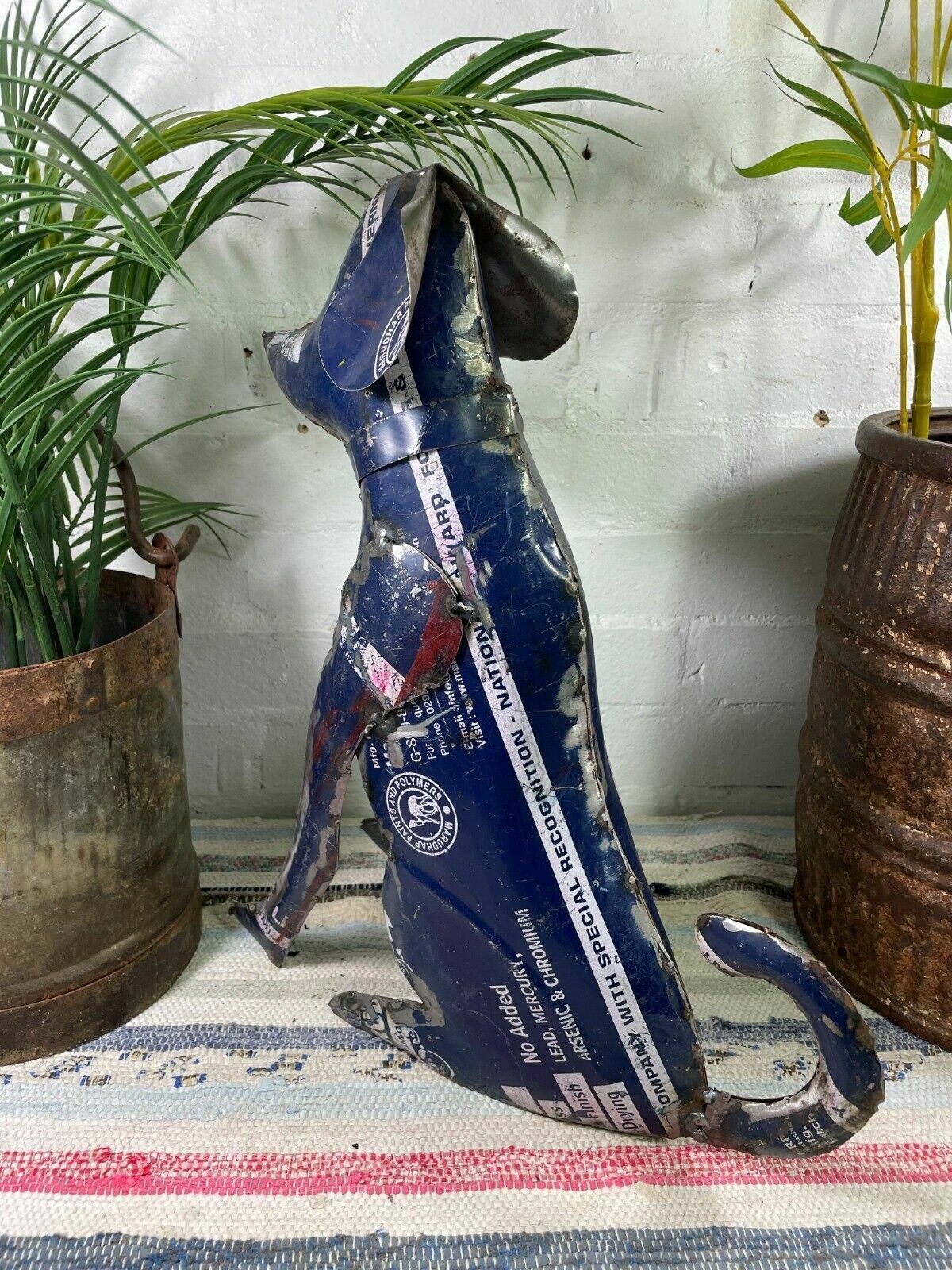 Hand Made Reclaimed Recycled Metal Oil Drum Paint Tin Dog Sculpture Garden photo for sale