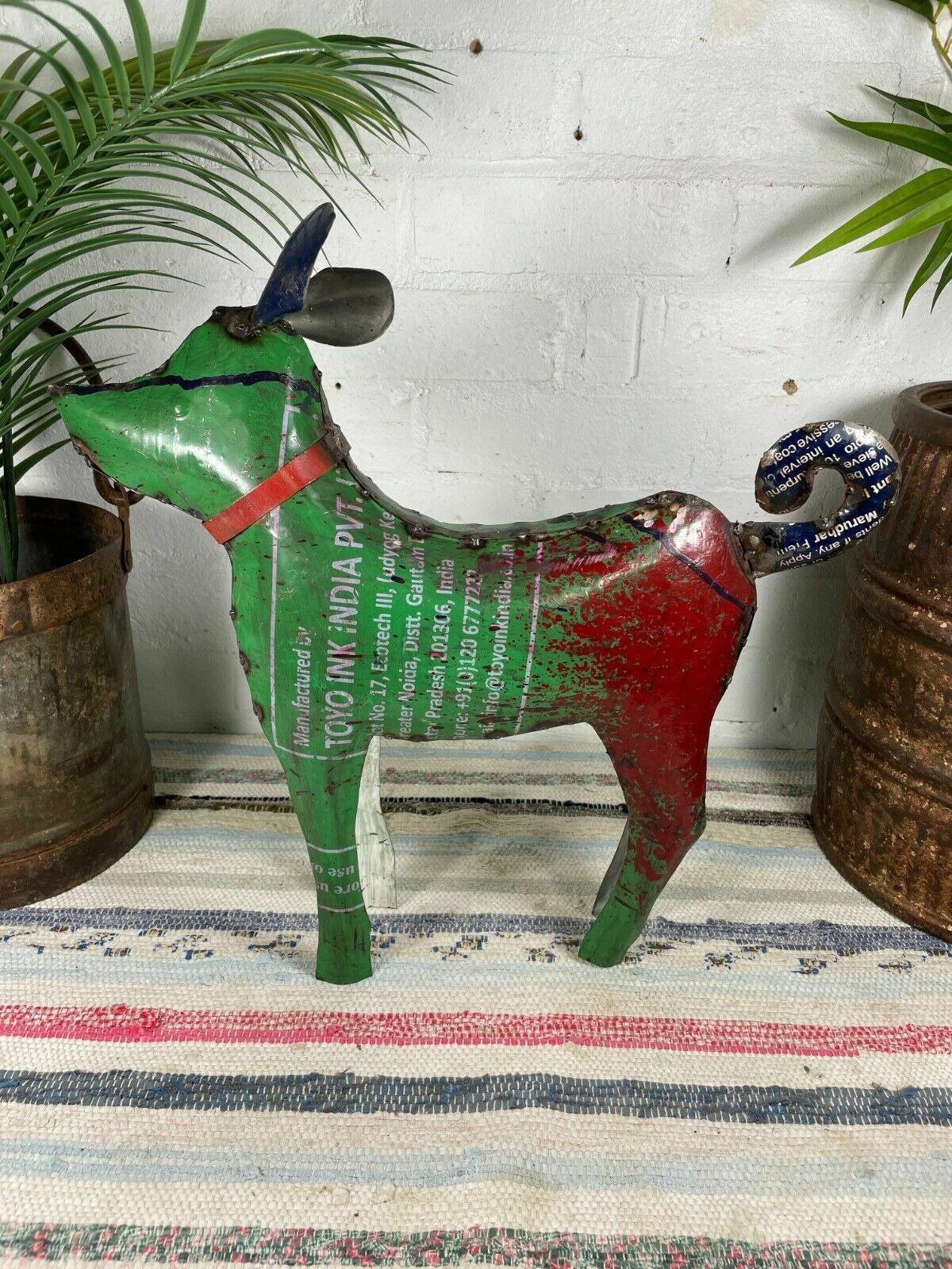 Hand Made Reclaimed Recycled Metal Oil Drum Paint Tin Dog Sculpture Garden photo furniture