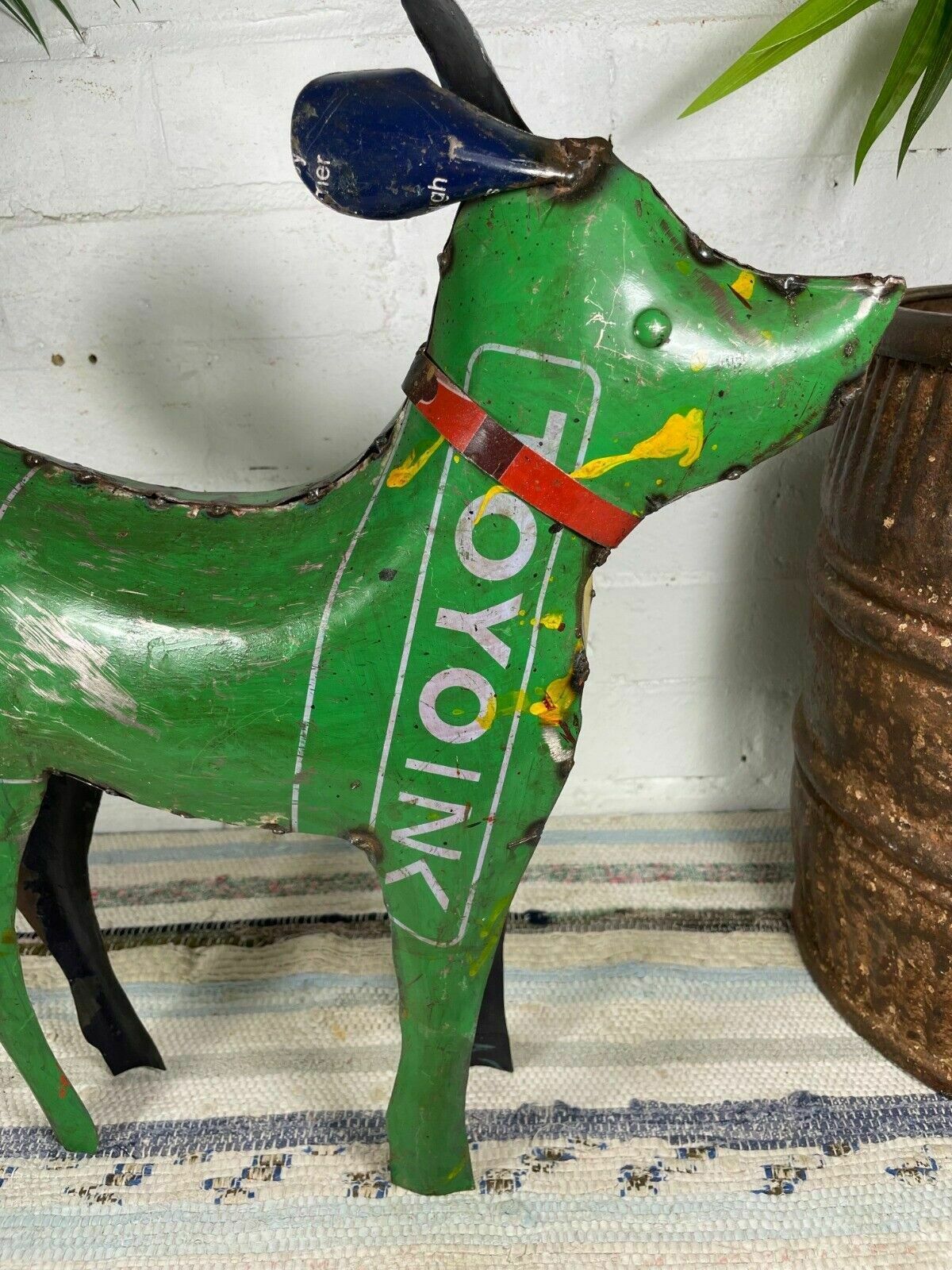 Hand Made Reclaimed Recycled Metal Oil Drum Paint Tin Dog Sculpture Garden photo vintage