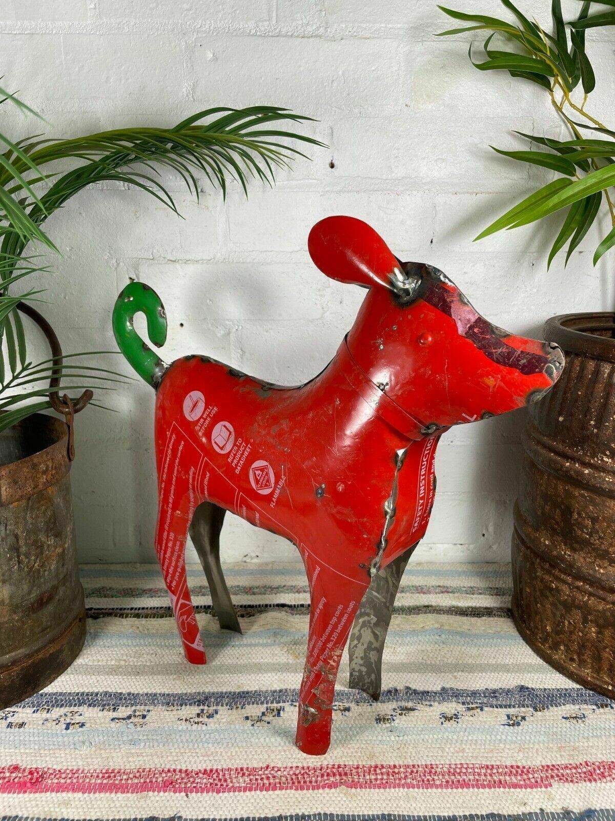 Hand Made Reclaimed Recycled Metal Oil Drum Paint Tin Dog Sculpture Garden photo Garden Decor