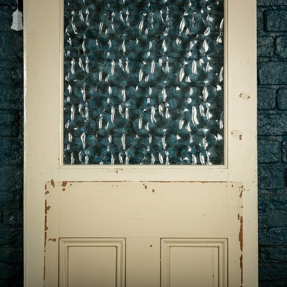 Half Glazed Door, 3 Moulded Panel White Painted Pine Textured Glass photo for sale