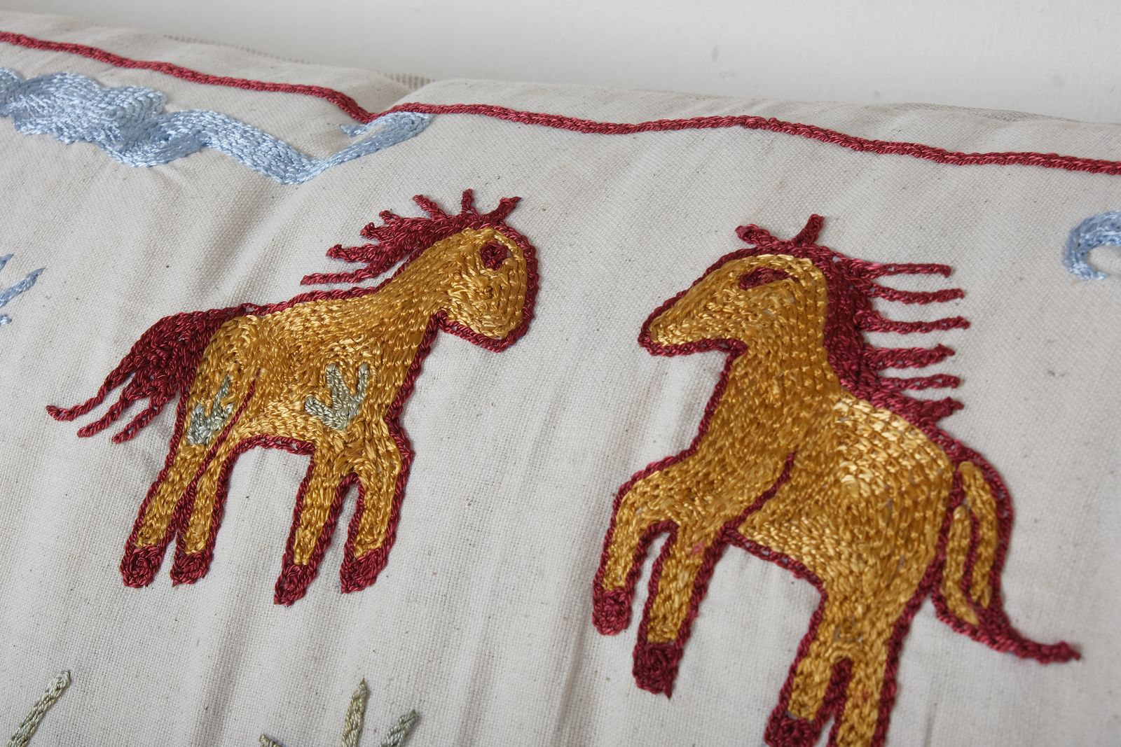 Tashkent Suzani Animal Pictorial Bedding Pillow Case Made From A 19th Century Suzani, Horse Motif Cushion Cover photo for sale