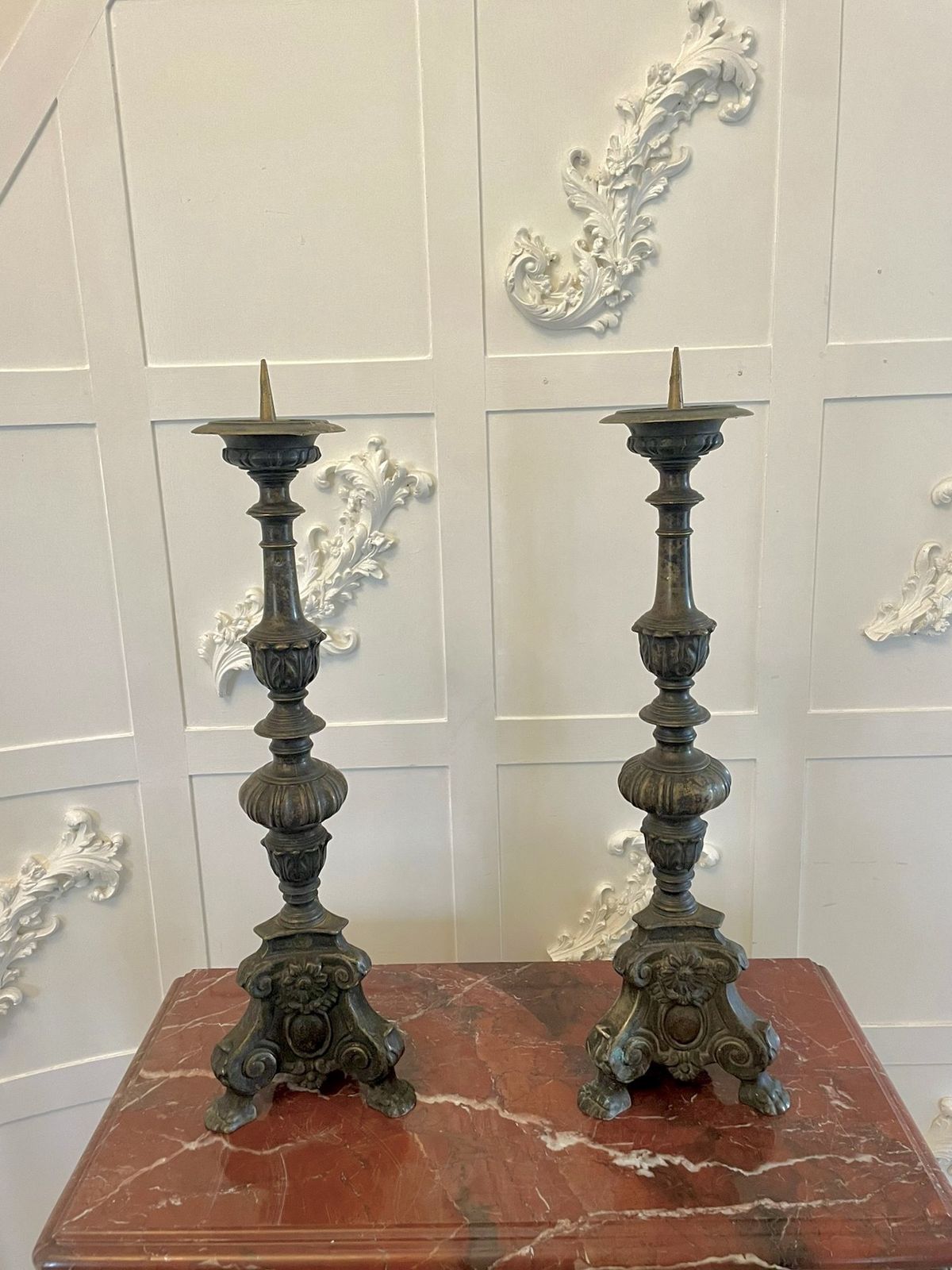 Unusual Pair Of Large Antique Ornate Brass Pricket Candlesticks