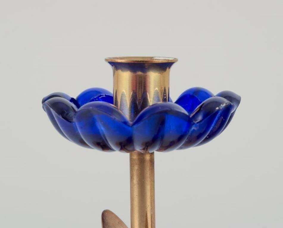 Gunnar Ander For Ystad Metall. Candlestick Holder In Brass And Blue Art Glass photo furniture
