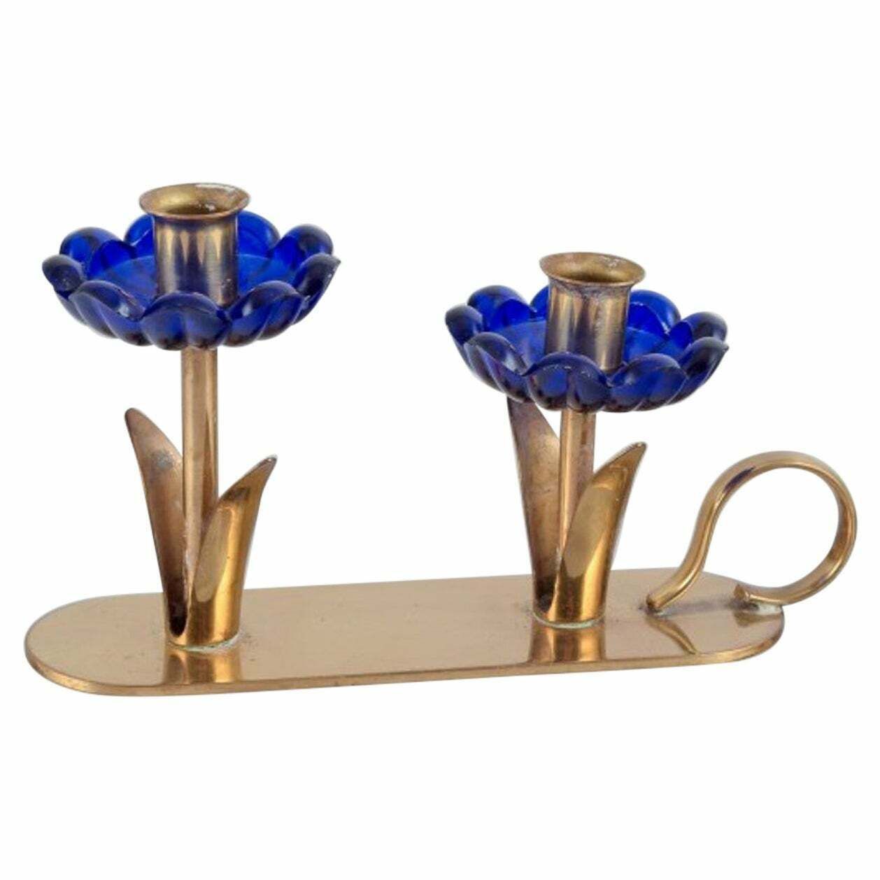 Gunnar Ander For Ystad Metall. Candlestick Holder In Brass And Blue Art Glass photo vinterior