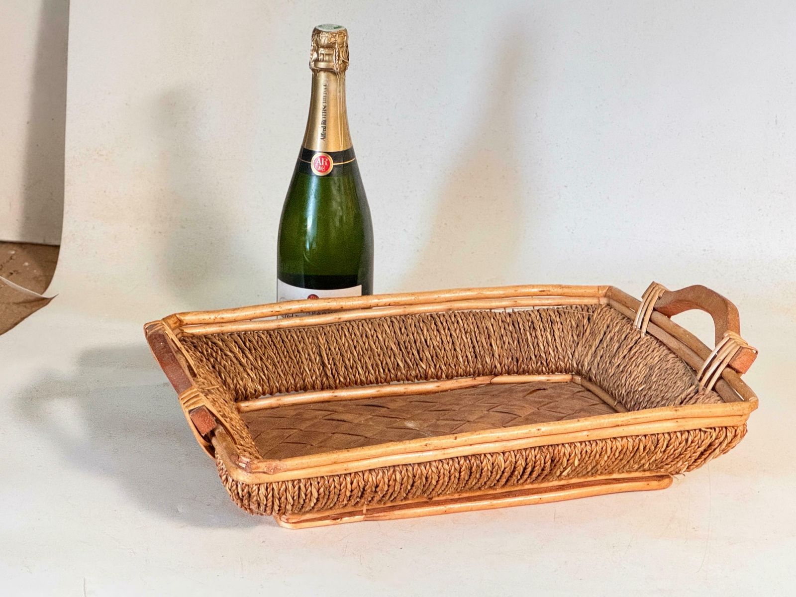 photo furniture Rattan And Rope Italian Basket Bowl Centerpiece, 1970s Crespi Style