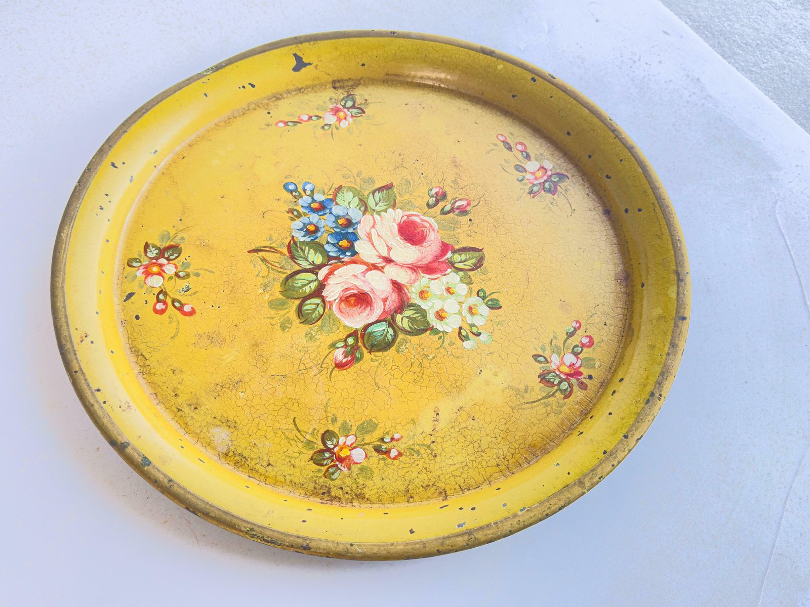 Platter Or Tray Metal Painted France 1970s Yellow Color With Flowers photo Home Decor