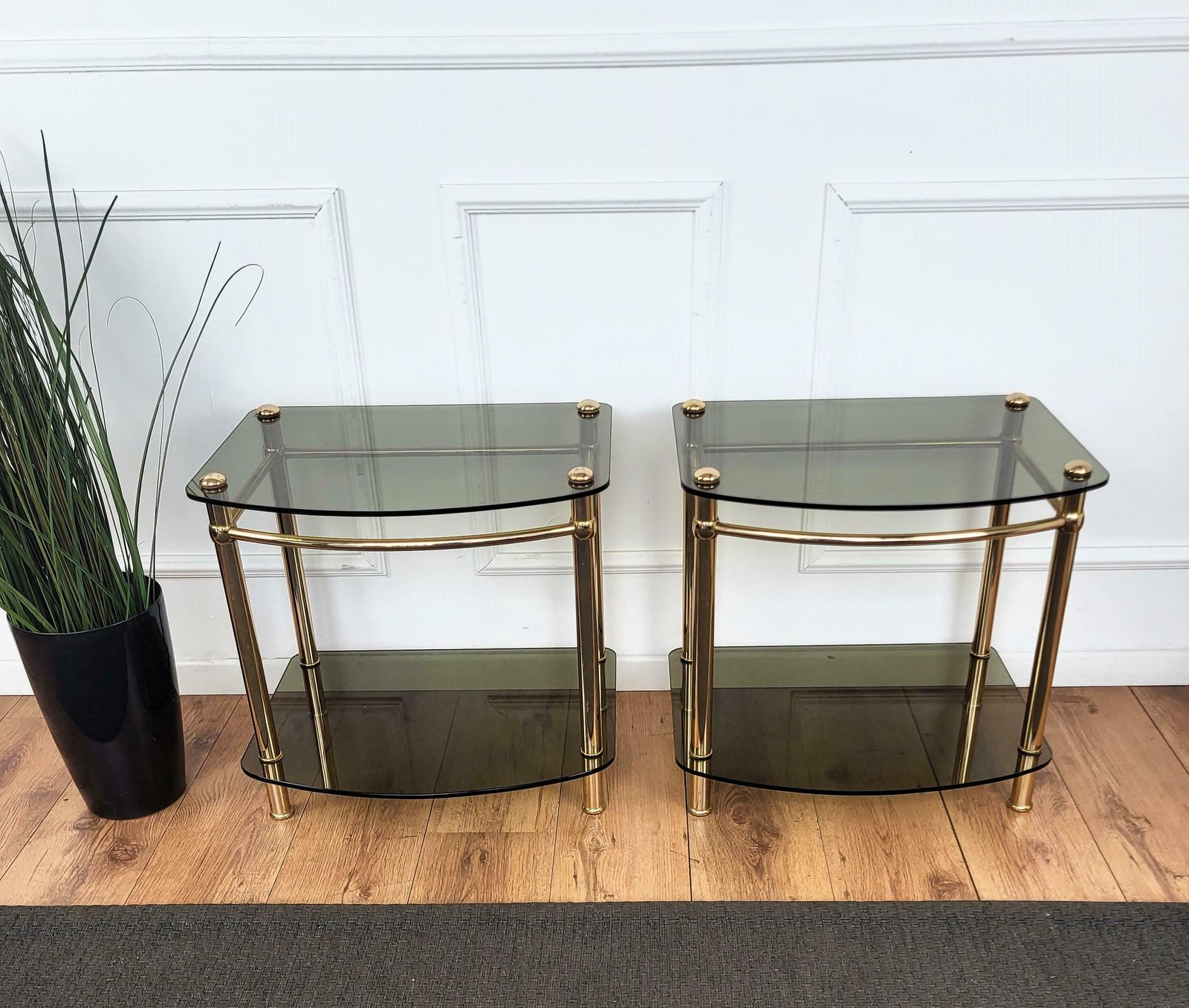 1980s Italian Hollywood Regency Style Brass And Glass Two Shelves Side Tables photo Furniture