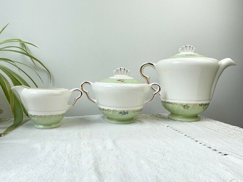 Vintage Tea/Coffee Service In White Green Gold Porcelain Salins Made In France photo 154.0