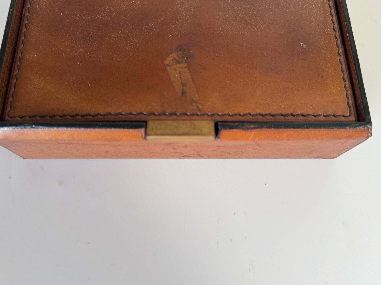 Leather Covered Tobacco Box Wood Brown Jacques Adnet Style France 1940 By Lancel photo vintage