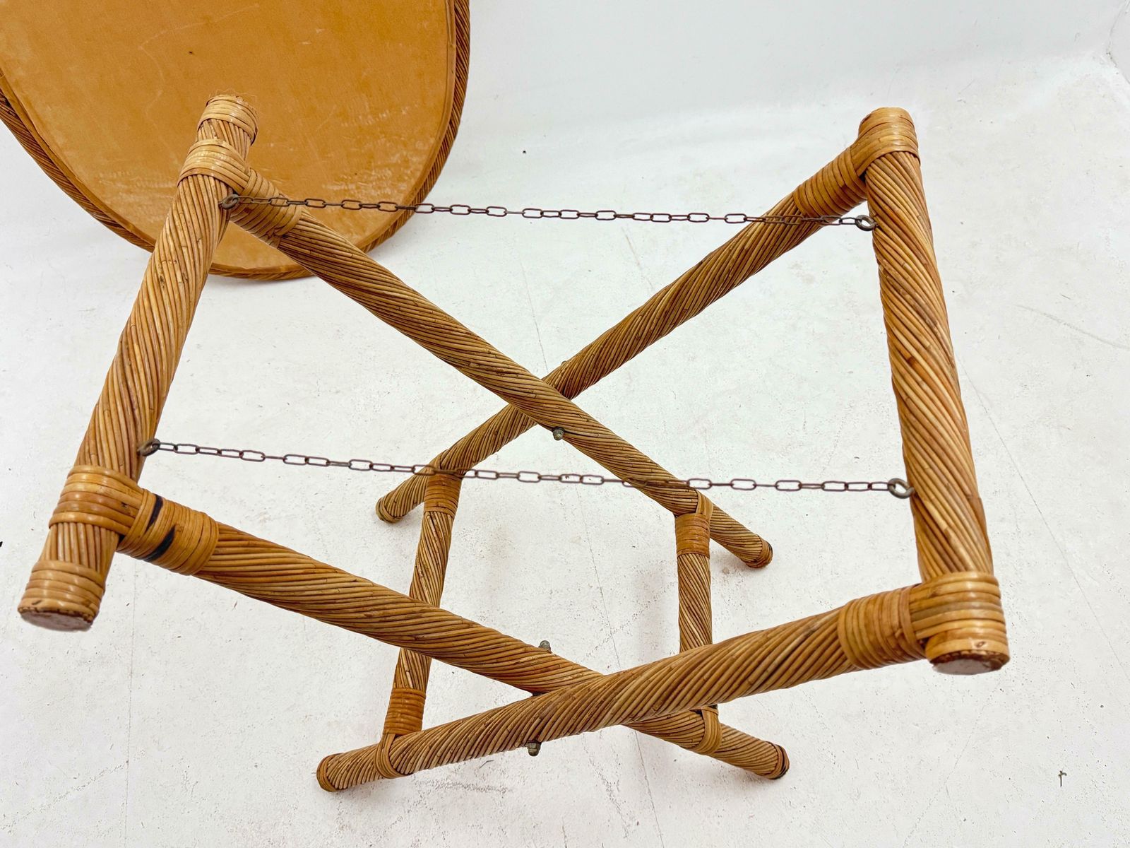 photo furniture Folding Rush Tray Table Mirrored Top France 1970 Gabriella Crespi Style