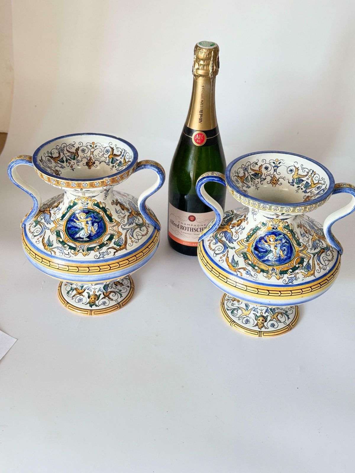 19th Century French Hand Painted Faience Vases Signed Set Of 2 photo furniture