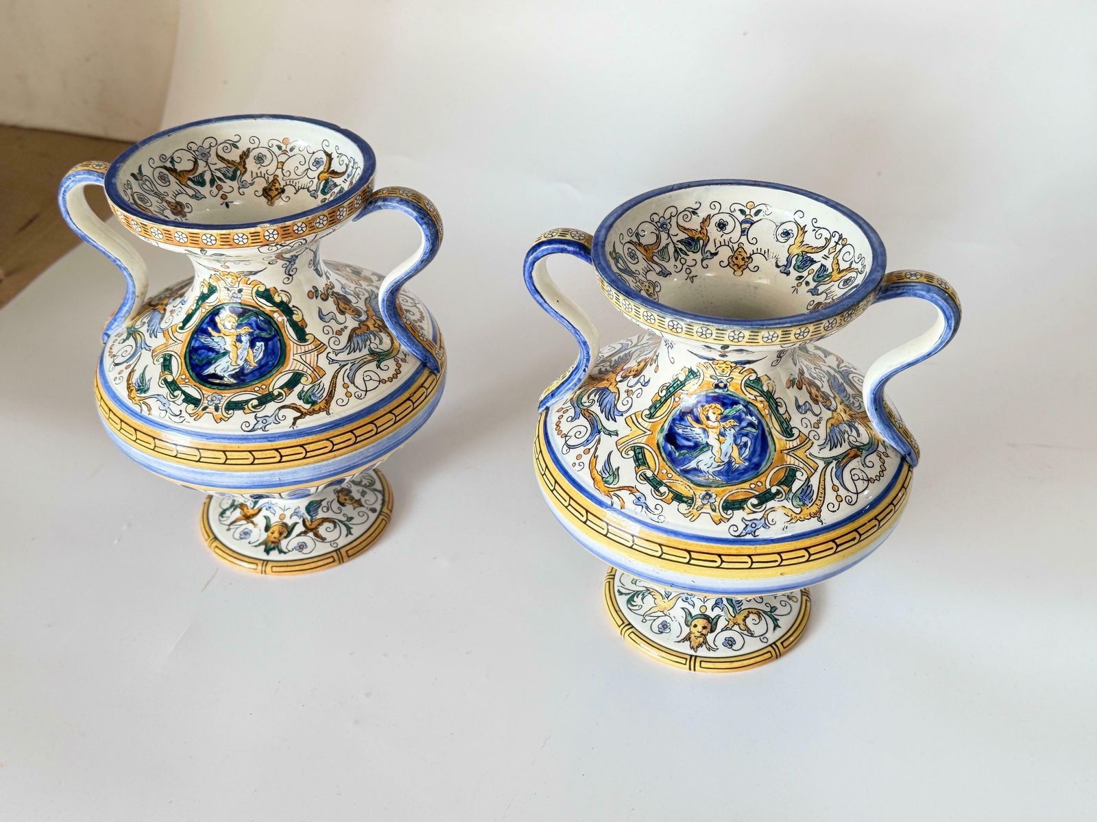 472.0 19th Century French Hand Painted Faience Vases Signed Set Of 2 photo