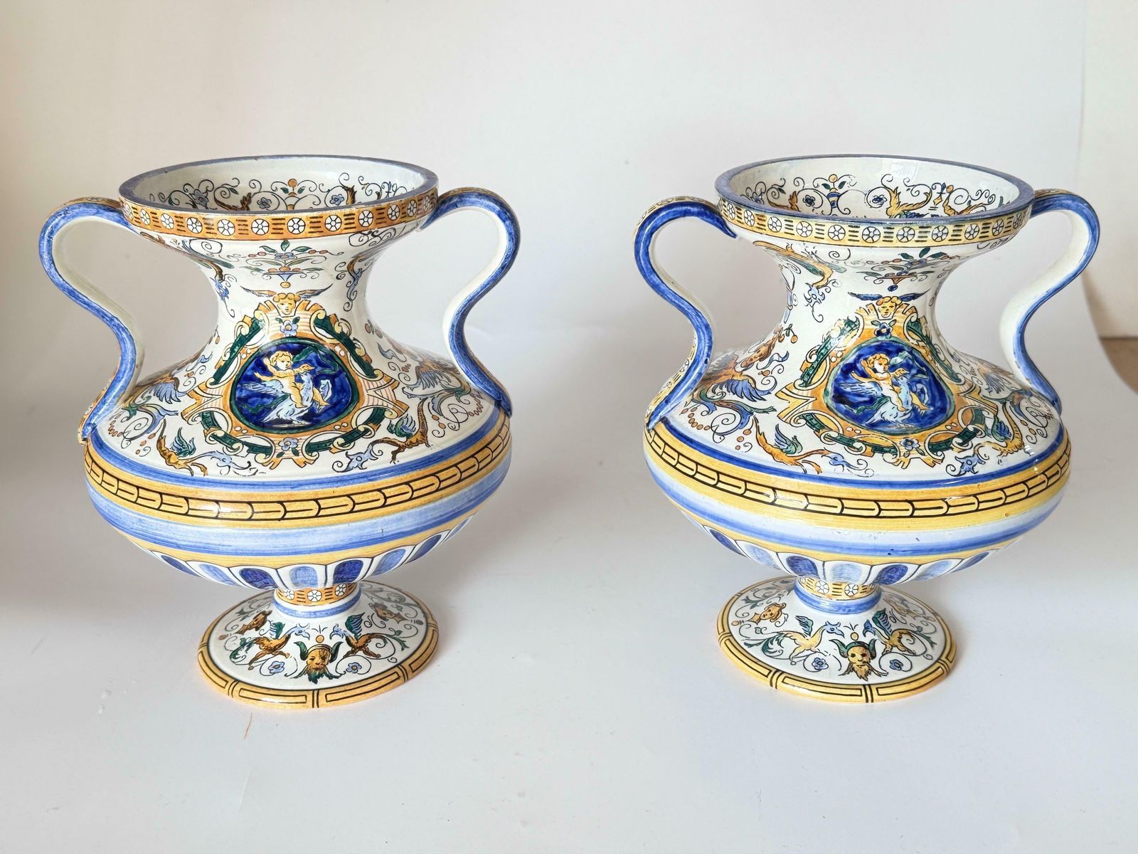 photo buy 19th Century French Hand Painted Faience Vases Signed Set Of 2