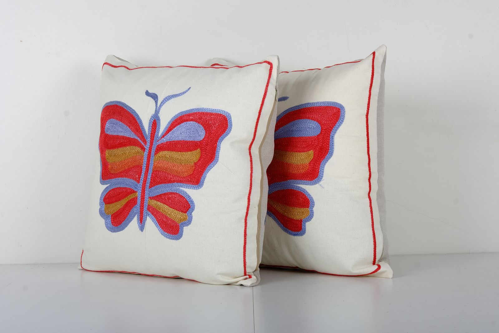 Uzbek Butterfly Suzani Cover With Animal Motif, Set Of Two Wild Life Pictorial Suzani Pillow Case photo Textiles