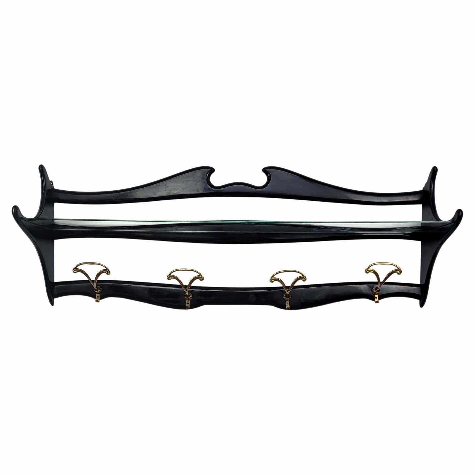 1960s Italian Mid Century Carved Wood Glass Brass Chiavari Wall Coat Hanger Rack