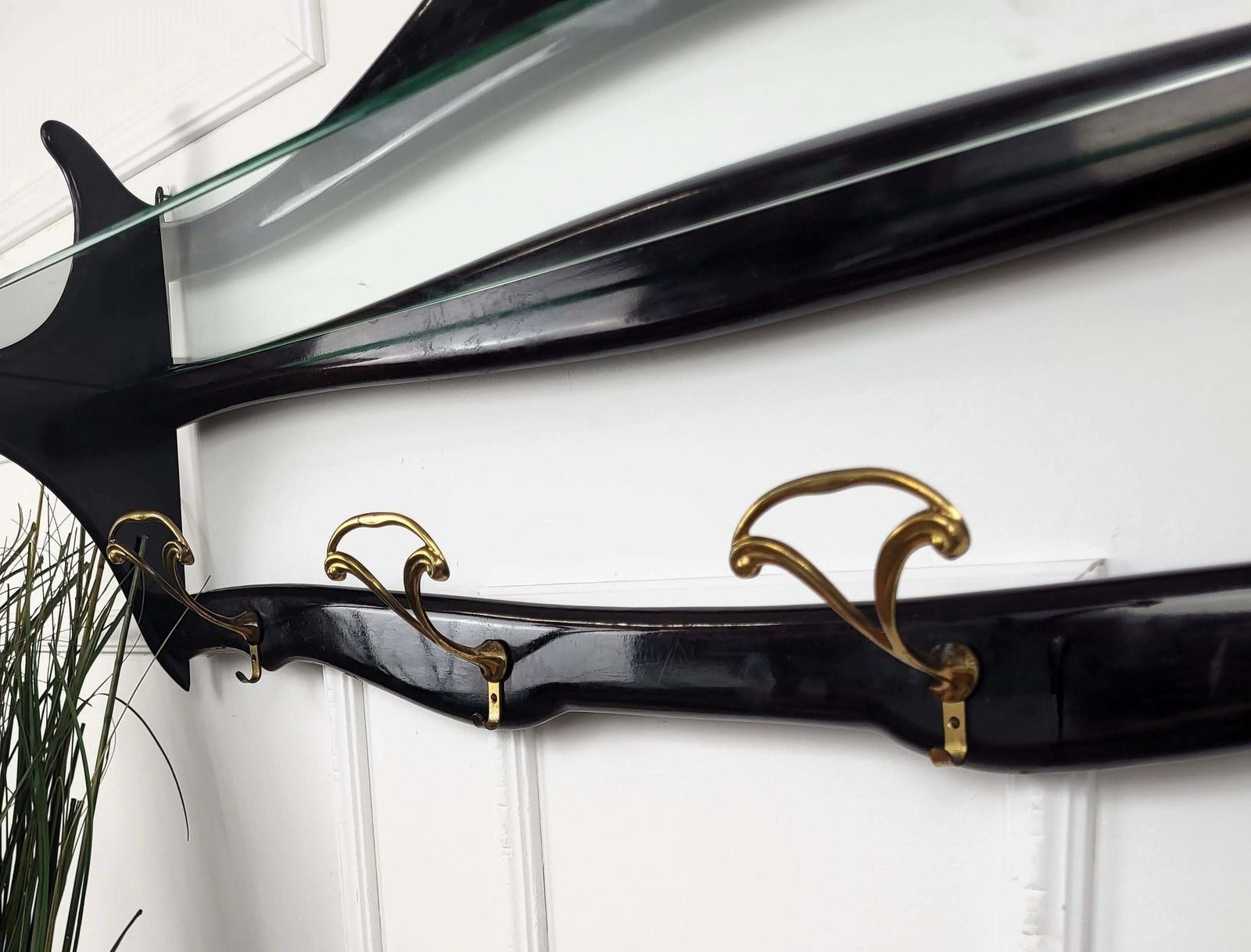 1960s Italian Mid Century Carved Wood Glass Brass Chiavari Wall Coat Hanger Rack photo 1224.0