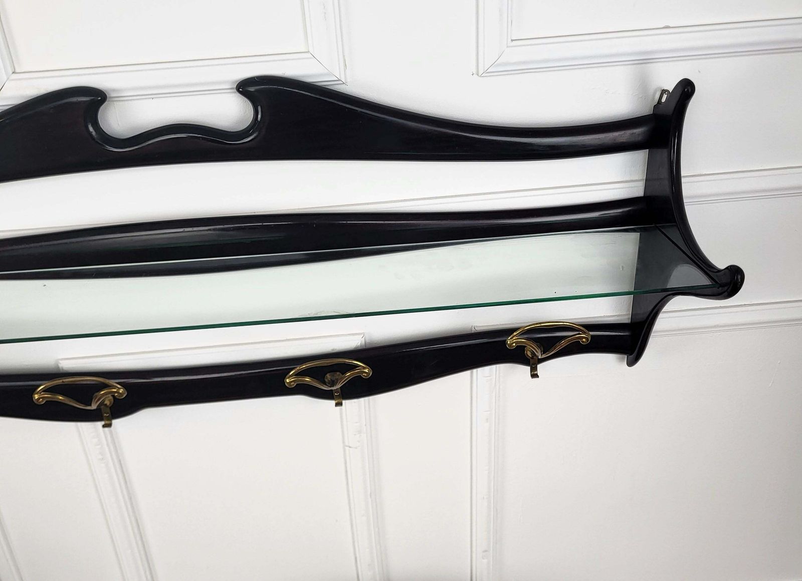 1960s Italian Mid Century Carved Wood Glass Brass Chiavari Wall Coat Hanger Rack photo vinterior