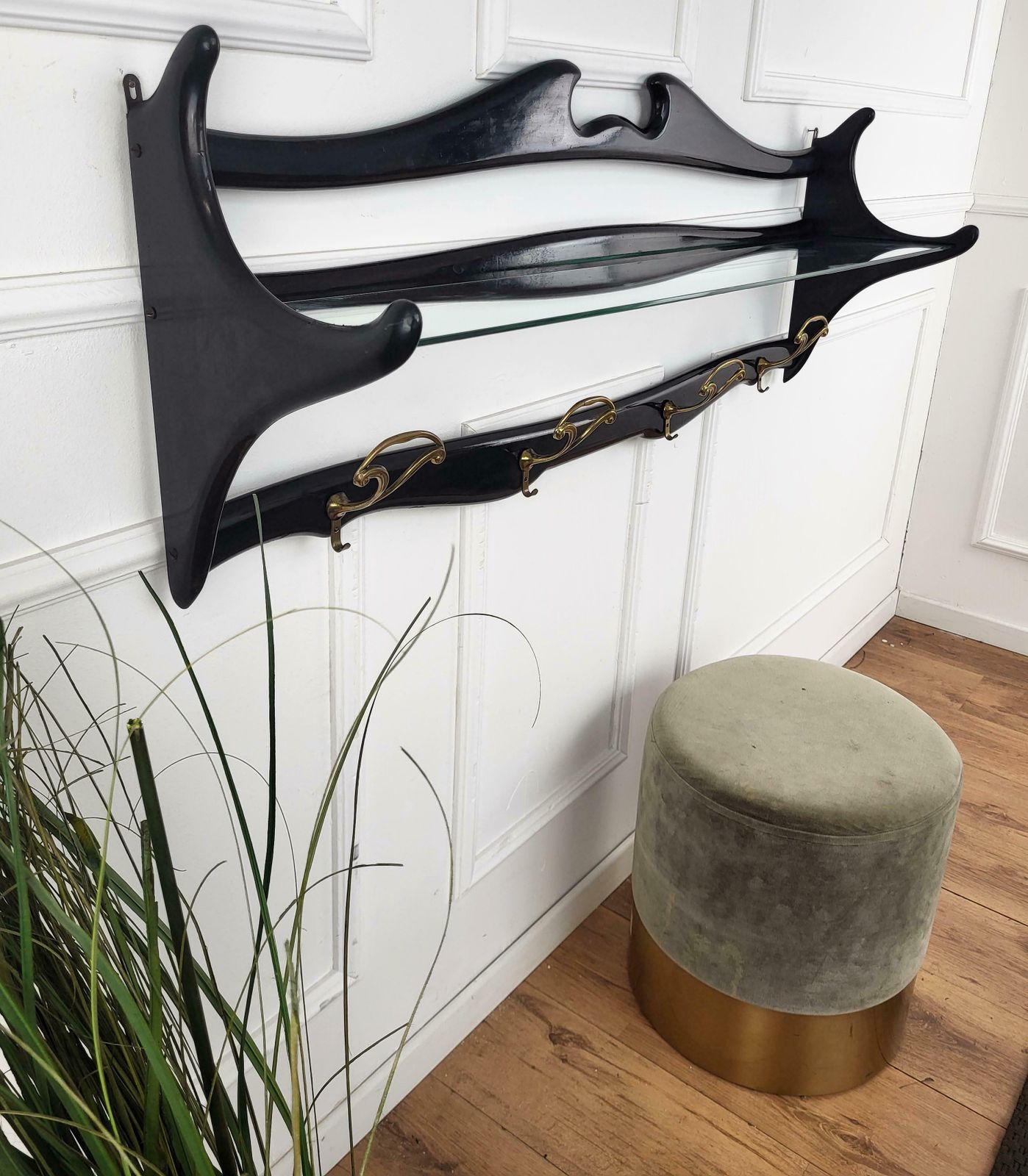 1960s Italian Mid Century Carved Wood Glass Brass Chiavari Wall Coat Hanger Rack photo vintage