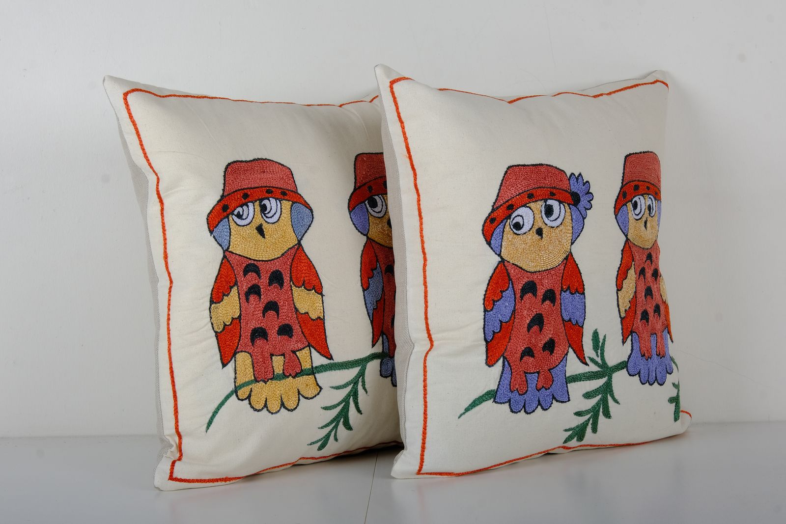 Suzani Pillow Case Made From A 19th Century Suzani   Set Of Two Abstract Uzbek Bird Pictorial Cushion Cover photo for sale