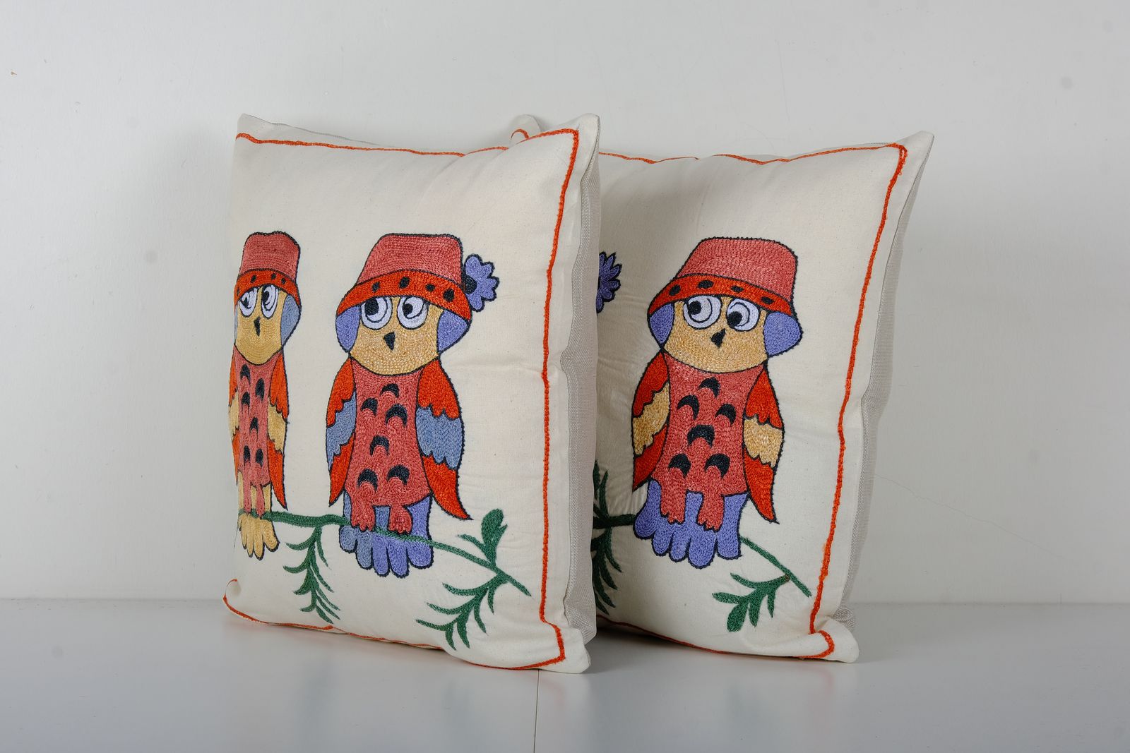 Suzani Pillow Case Made From A 19th Century Suzani   Set Of Two Abstract Uzbek Bird Pictorial Cushion Cover photo 100.0