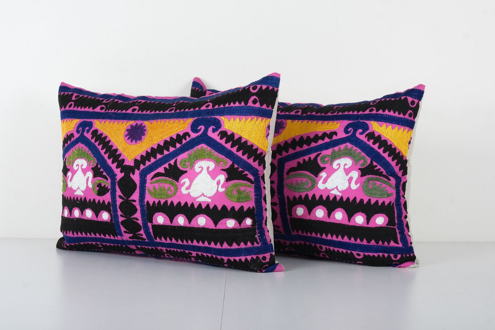 Purple Suzani Pillow Cover, Set Of Two Ethnic  Cover, Pair 1960s Handmade Samarkand Uzbek Suzani Textile Art Cushion photo Textiles