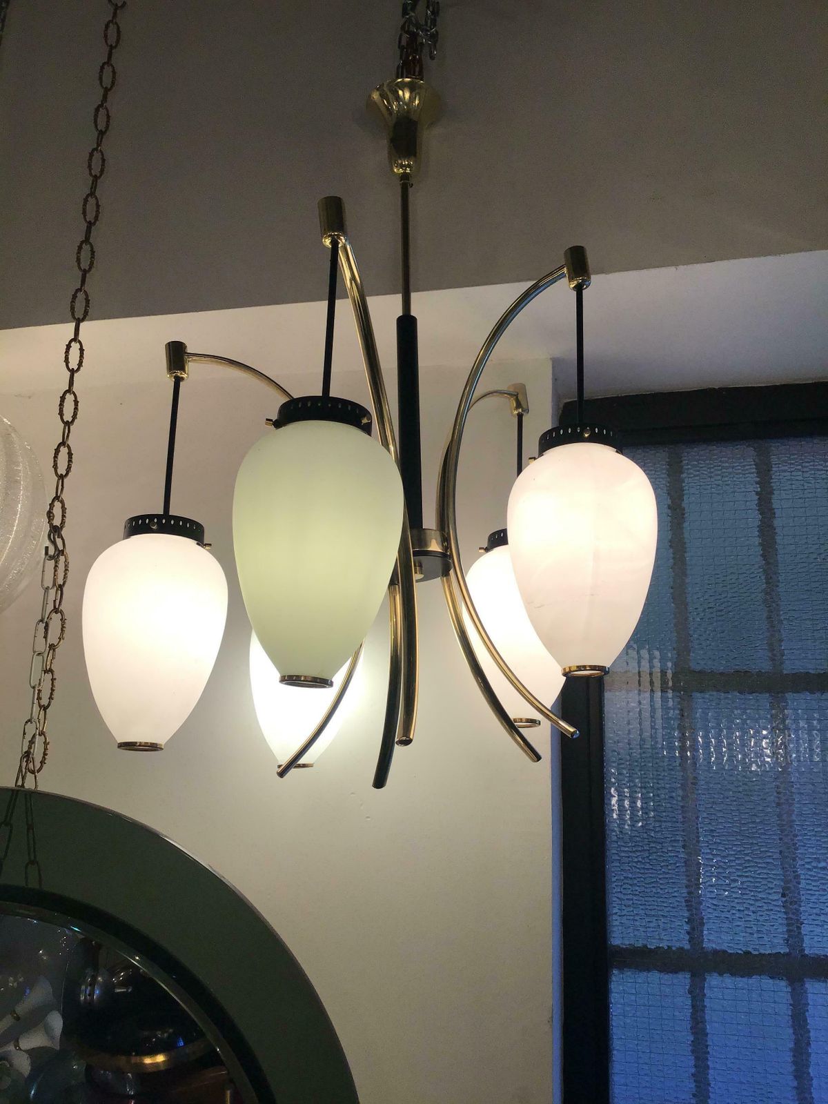 Stilnovo Chandelier Opaline Glass Brass Iron 1950 Italy photo vintage