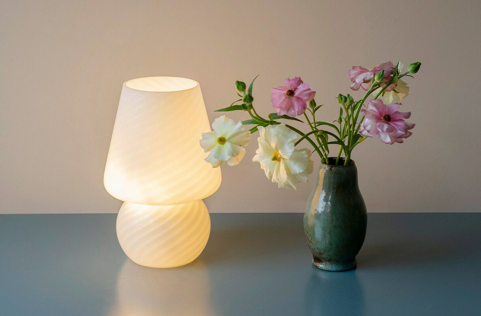 Vintage Vetri Murano Paddenstoellamp, Italiaanse Swirl Glazen Tafellamp, Art Glass Bureaulamp, Mid Century Modern, Made In Italy photo Verlichting